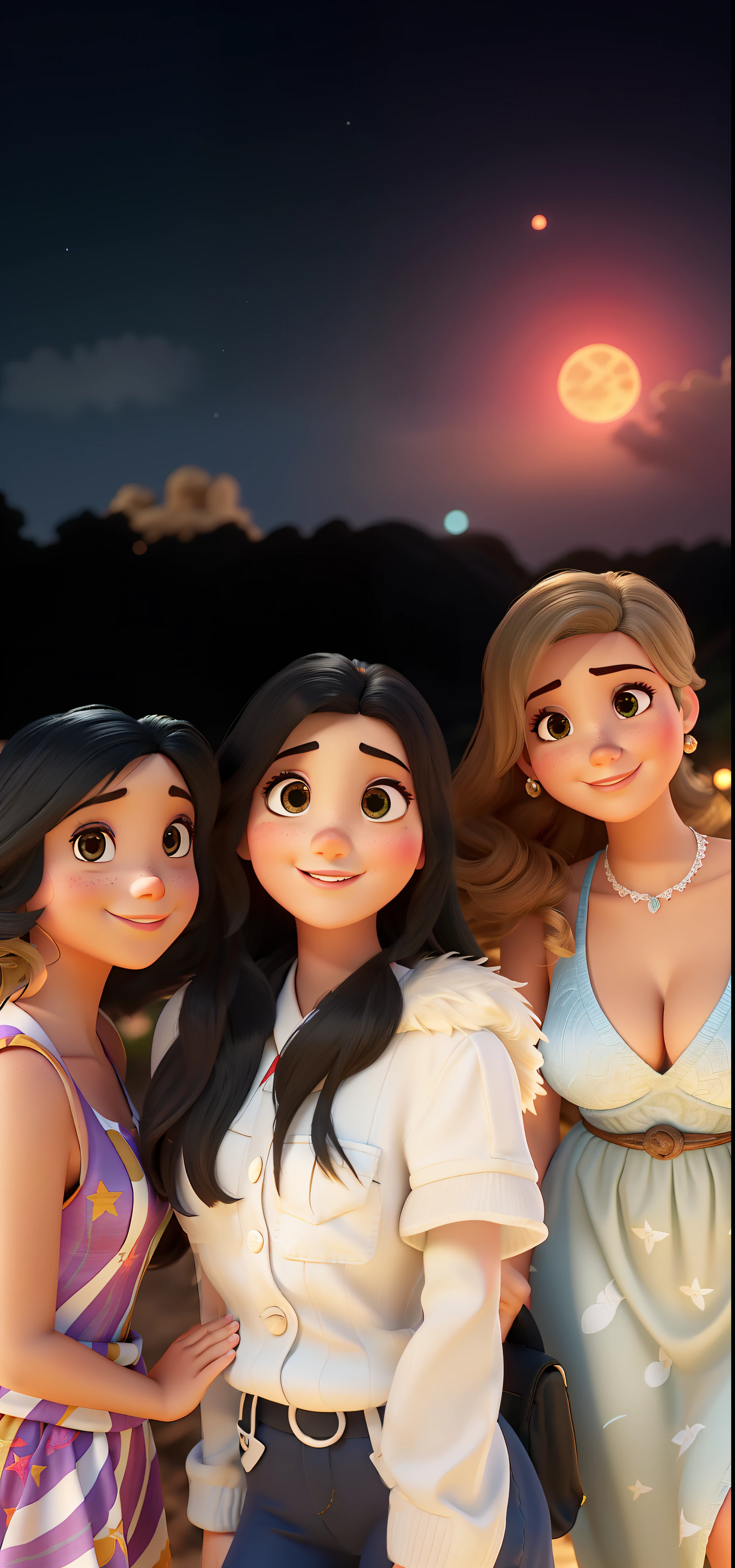 3 mulheres estilo pixar, em frente a uma queima de fogos na praia a noite, 1 mulher e senhora ma8s velha e as outras duas mais novas, melhor qualidade superior qualidade