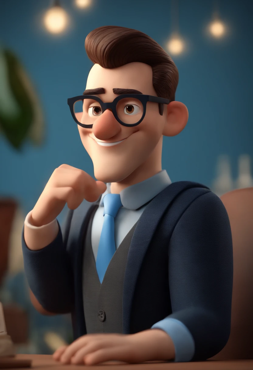Cartoon character of a man wearing black glasses and a blue shirt, um personagem animado, Caractere estilizado, animation style rendering, 3D estilizado, Arnold Maya render, 3 d render stylized, toon render keyshot, Personagem 3D, Personagem 3D, 3d rendering stylized, 3 d character render, personagem de desenho animado, Personagem de close up, Pose de personagem, (Estilo Pixar) (master part:1.2) (Bokeh) (best quality) (pele detalhada) (textura detalhada) (8k) (argila) (Cinematic lighting) (foco nítido，Senta e vaza a parte superior do corpo