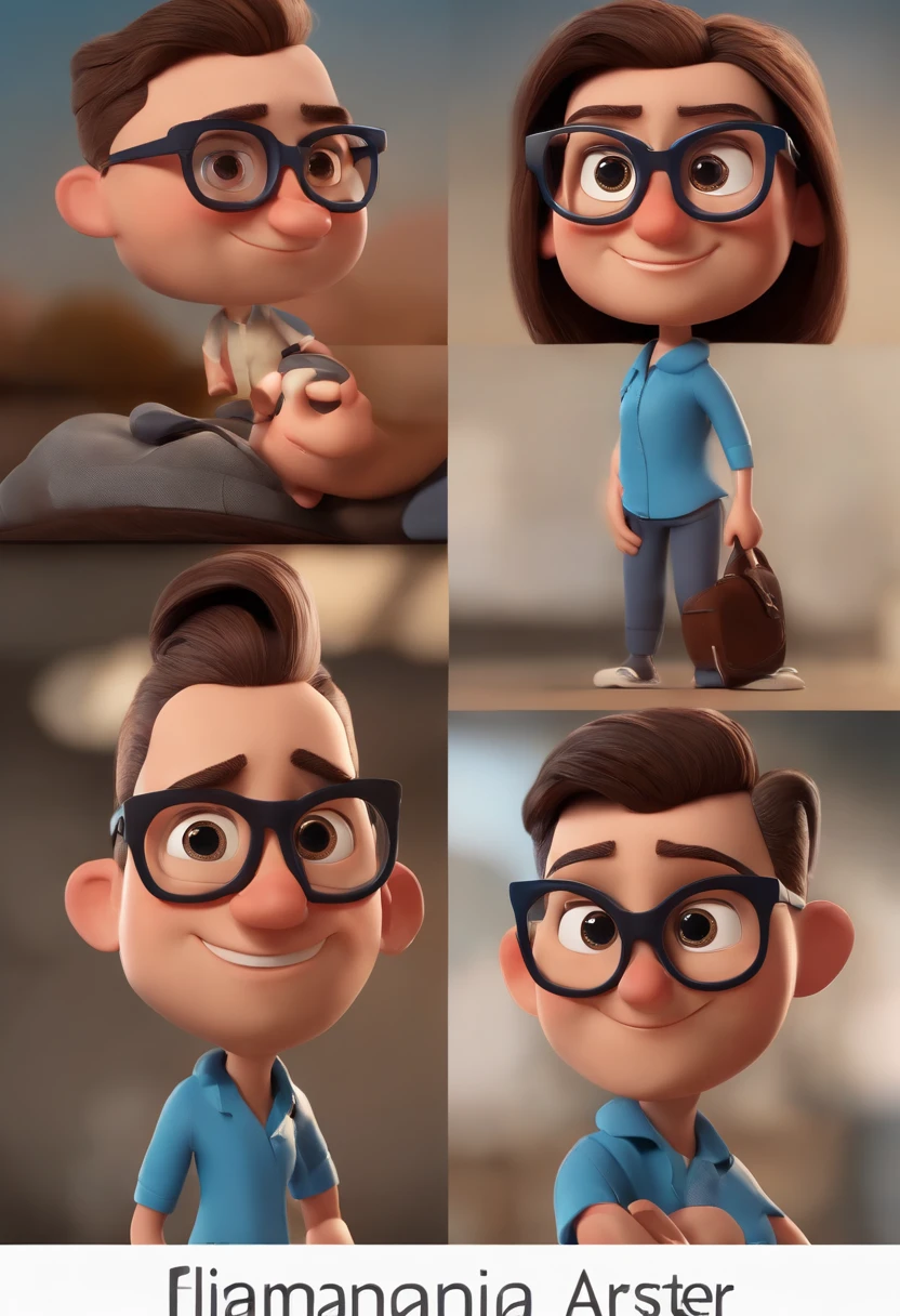 Cartoon character of a man wearing black glasses and a blue shirt, um personagem animado, Caractere estilizado, animation style rendering, 3D estilizado, Arnold Maya render, 3 d render stylized, toon render keyshot, Personagem 3D, Personagem 3D, 3d rendering stylized, 3 d character render, personagem de desenho animado, Personagem de close up, Pose de personagem, (Estilo Pixar) (master part:1.2) (Bokeh) (best quality) (pele detalhada) (textura detalhada) (8k) (argila) (Cinematic lighting) (foco nítido,Senta e vaza a parte superior do corpo