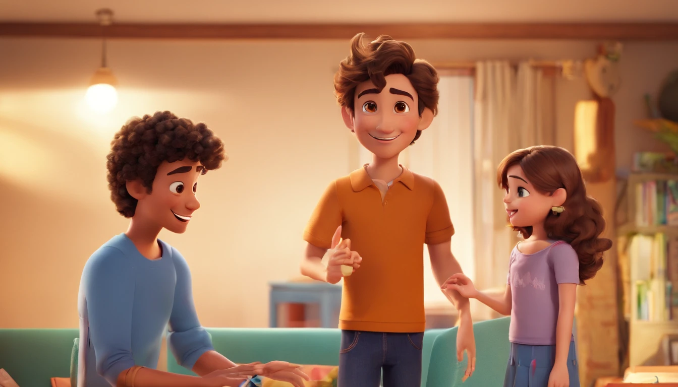 An illustration of an adorable couple with their daughter and son. Spotlight on a smiling white man and a brunette woman with beautiful expressive eyes - the man's skin is white and the man's hair is straight, the woman's skin is brunette, and the woman's hair is straight and light brown, The skin of the approximately 9--old l is brown and her hair is long and curly. The 18-year-old boy's skin is brunette and short hair. They are a bright room, cada um com um sorriso no rosto, e compartilhar um momento especial caracterizado pelo amor, Insights. Illustrate this scene from a perspective where they are facing the camera, Smiling and Showing Your Connection. Desenvolva esta arte em Full HD, Focus on your cinematic touch, Estilo Disney Pixar Animations
