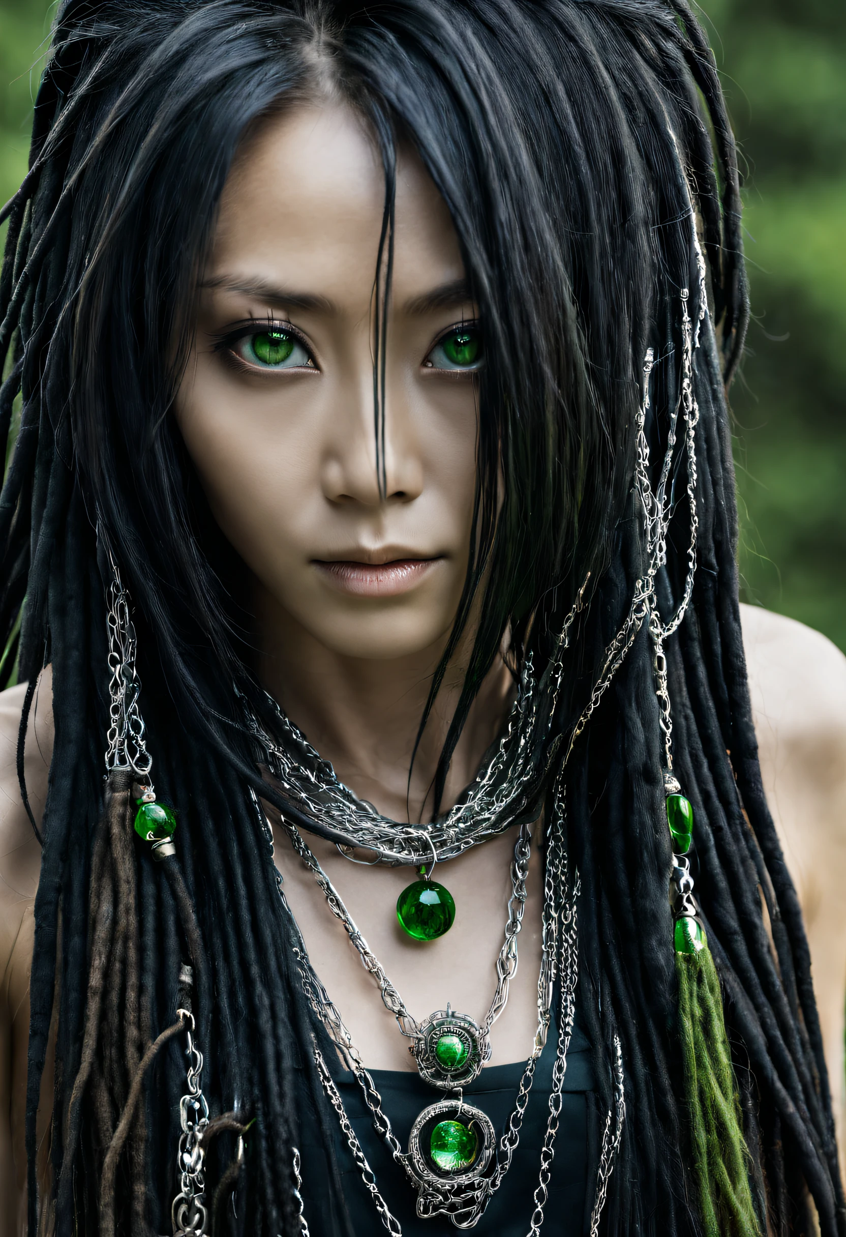 close up portrait photography, beautiful japanese female with very long black dreadlocks and loose hair, long beautiful slender elegant confident fine lined face, beautiful big green eyes, elegant fine thin silver face chains accessories, fantasy tribal glamour inspired