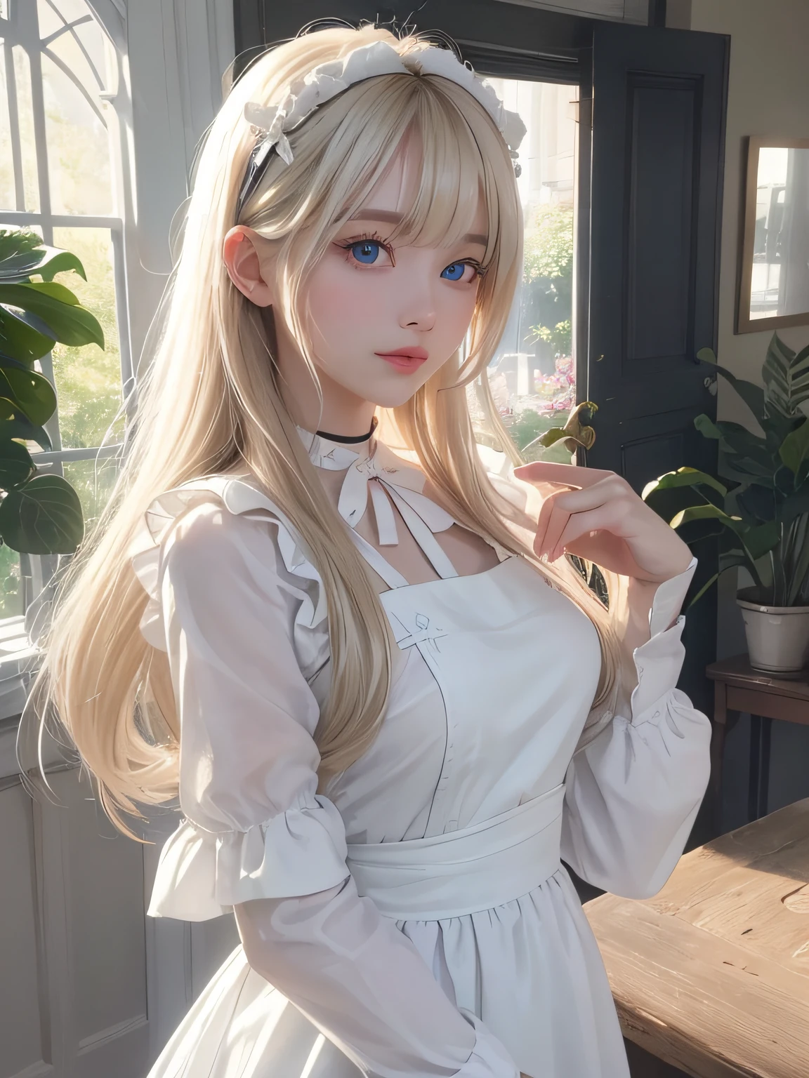 bright expression、photorealisim、top-quality、超A high resolution、a picture、Photo of an exquisitely beautiful Nordic-born girl、Extraordinary beautiful girl、Detailed cute and beautiful face、(pureerosface_v1:0.008)、Beautiful bangs、alice in the wonderland、18year old、Glowing white shiny skin、facial hairs、Bangs that extend to the face、Bangs between the eyes、Super long hair、Attractive light and dark platinum blonde super long straight silky hair、finer hair、Attractive glowing beautiful bright clear light blue big eyes、White Apron、Yellow dress、eye liner、Double eyelids、Lush bust