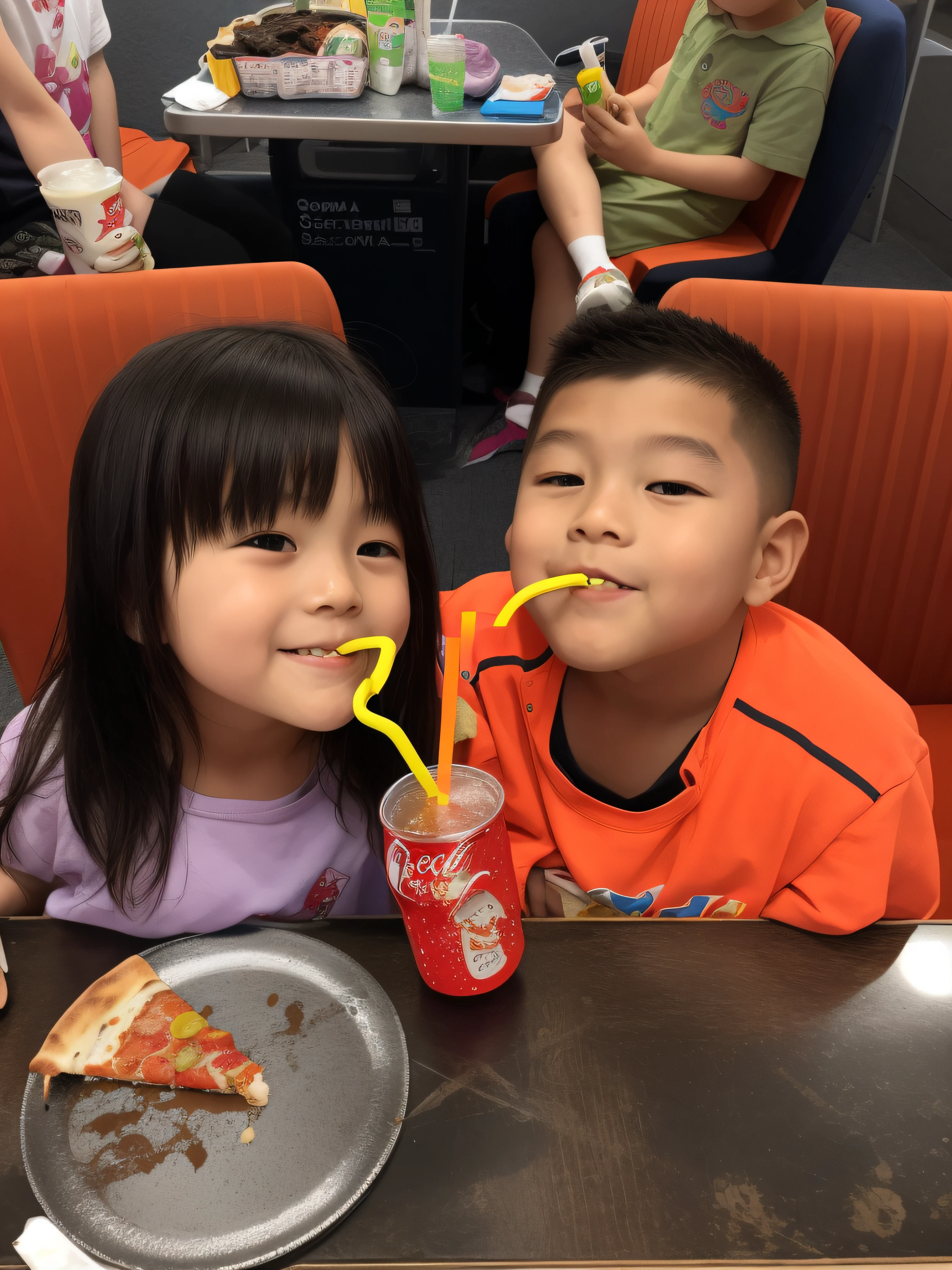 There are two sitting at a table,There was soda and pizza on the table, Drink Coke with a straw, they are siblings, KDA和Sam Yang。 they are very serious,