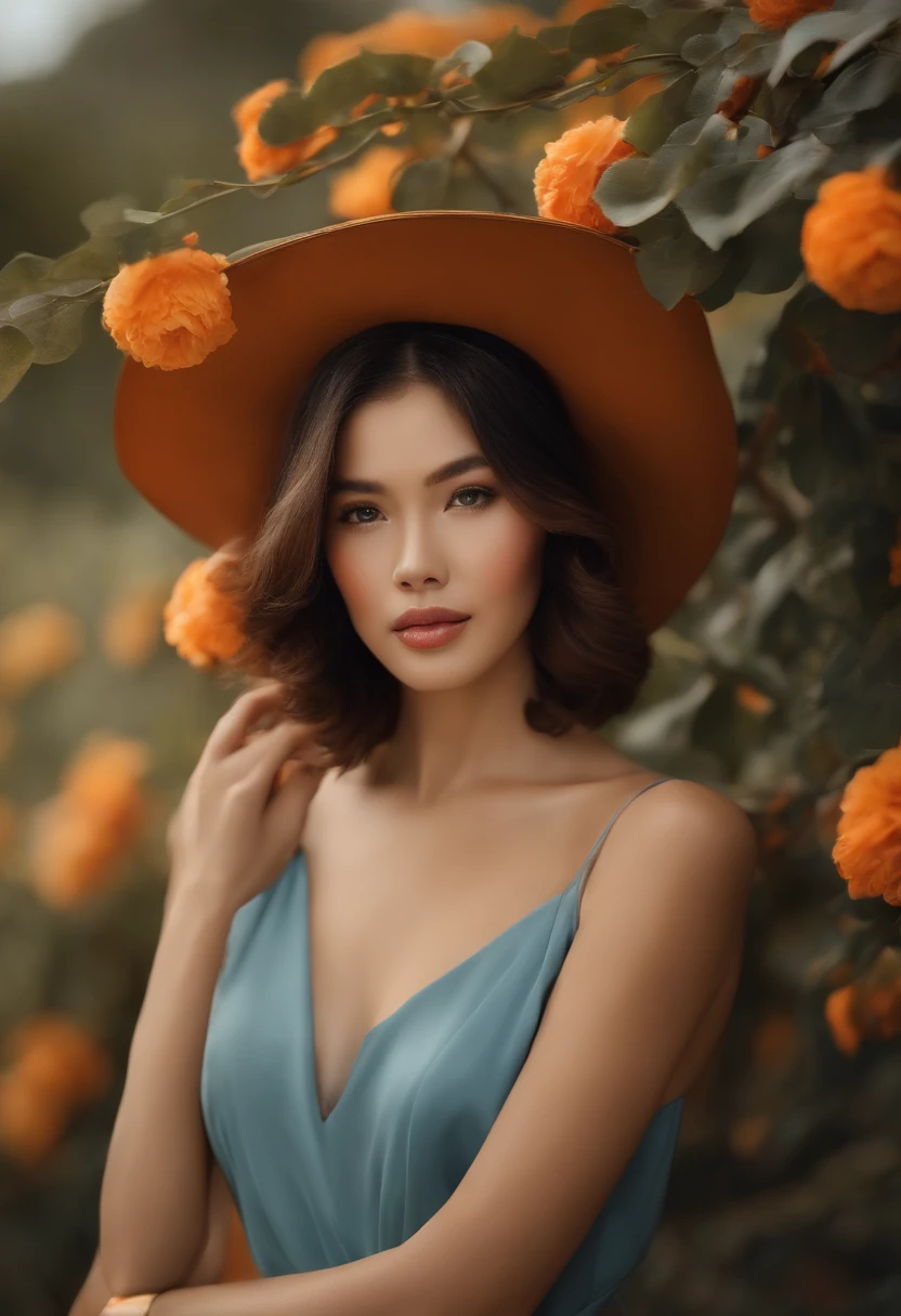 revista de moda，ultrarealism oil painting，（caqui），Mulher jovem chinesa，azul claro e laranja，Fundo da laranjeira，O estilo do artista Bruce Zheng，cabelos brilhantes，lente de cowboy，art-deco，Verismo，Flores，Premiados，Retinas