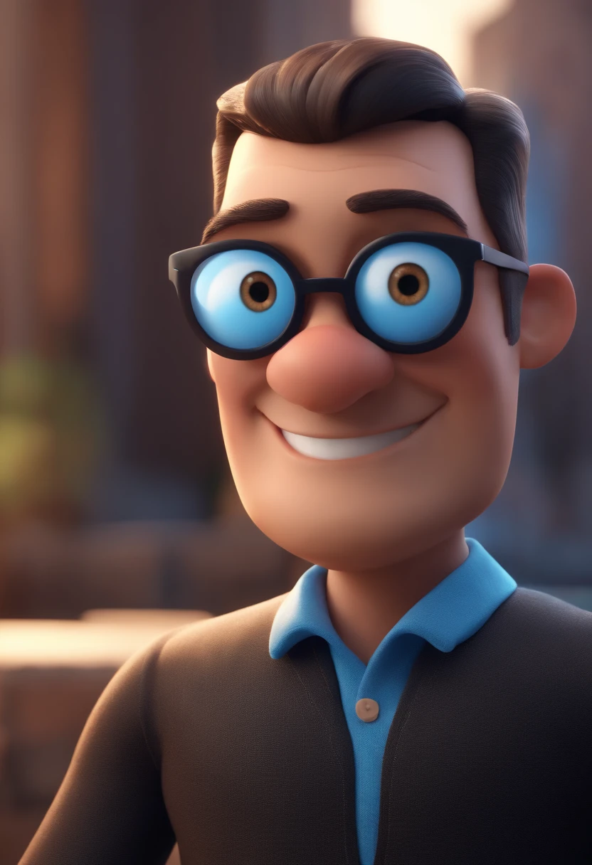 Cartoon character of a man with black glasses and a blue shirt, animation character, Caractere estilizado, animation style rendering, 3D estilizado, Arnold Maya render, 3 d render stylized, toon render keyshot, Personagem 3D, Personagem 3D, 3d rendering stylized, 3 d character render, personagem de desenho animado, Personagem de close up, Pose de personagem, (Estilo Pixar) (master part:1.2) (Bokeh) (best quality) (pele detalhada) (textura detalhada) (8k) (argila) (Cinematic lighting) (foco nítido