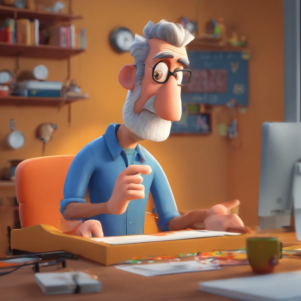 Criar um personagem no estilo Pixar. Trata-se de um homem de 30 anos, com barba, Branco, com cabelos castanhos curtos e um quiff, e olhos castanhos. Ele deve estar na frente de um computador, Trabalhar como designer