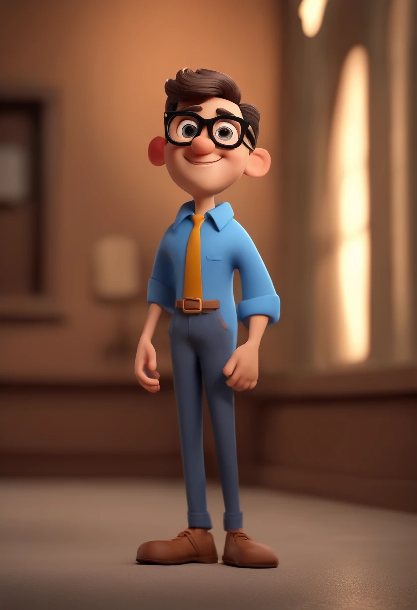 Cartoon character of a man wearing black glasses and a blue shirt, um personagem animado, Caractere estilizado, animation style rendering, 3D estilizado, Arnold Maya render, 3 d render stylized, toon render keyshot, Personagem 3D, Personagem 3D, 3d rendering stylized, 3 d character render, personagem de desenho animado, Personagem de close up, Pose de personagem, (Estilo Pixar) (master part:1.2) (Bokeh) (best quality) (pele detalhada) (textura detalhada) (8k) (argila) (Cinematic lighting) (foco nítido,Senta e vaza a parte superior do corpo