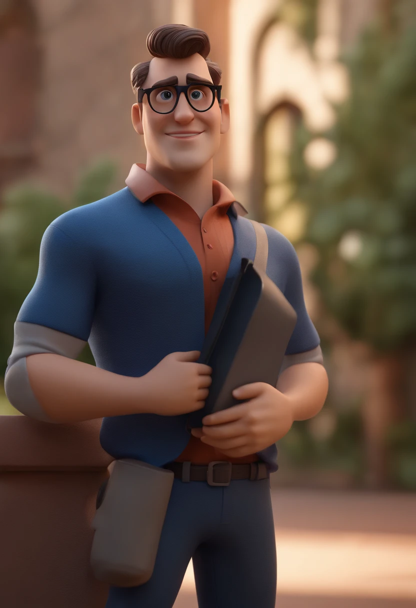 Cartoon character of a man wearing black glasses and a blue shirt, um personagem animado, Caractere estilizado, animation style rendering, 3D estilizado, Arnold Maya render, 3 d render stylized, toon render keyshot, Personagem 3D, Personagem 3D, 3d rendering stylized, 3 d character render, personagem de desenho animado, Personagem de close up, Pose de personagem, (Estilo Pixar) (master part:1.2) (Bokeh) (best quality) (pele detalhada) (textura detalhada) (8k) (argila) (Cinematic lighting) (foco nítido，Senta e vaza a parte superior do corpo