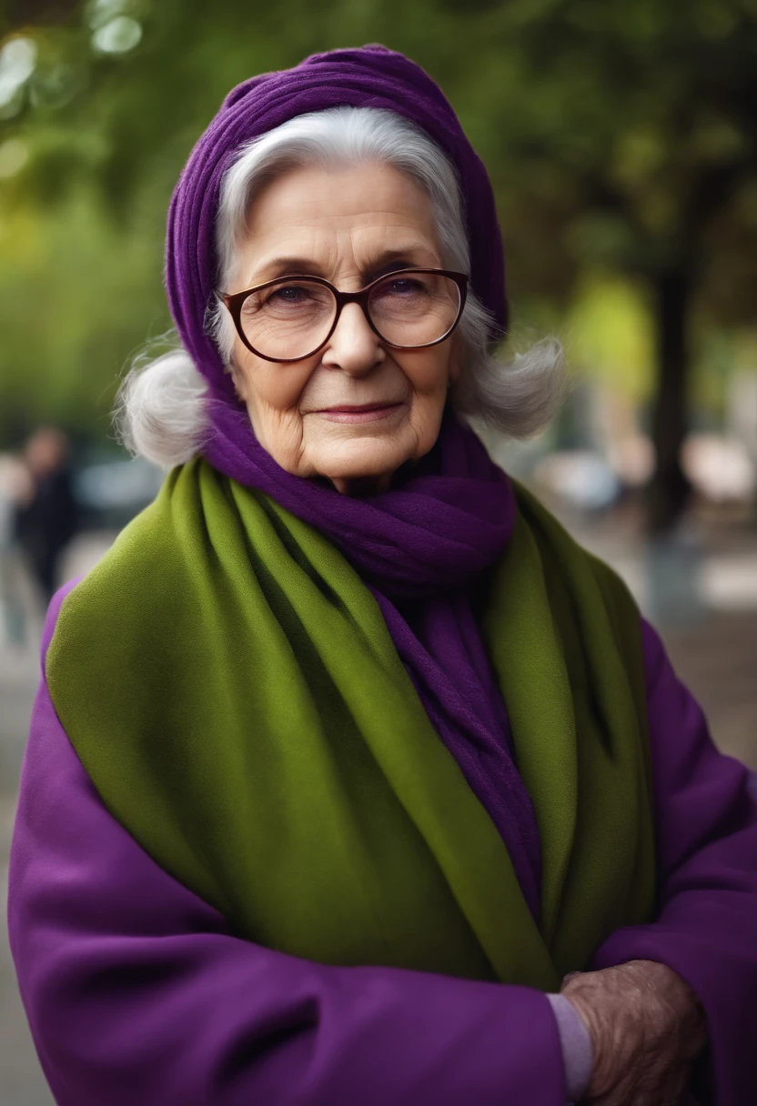 masterpiece, best quality, an old woman with glasses and a scarf on, wearing a purple coat and green scarf, standing at the park
