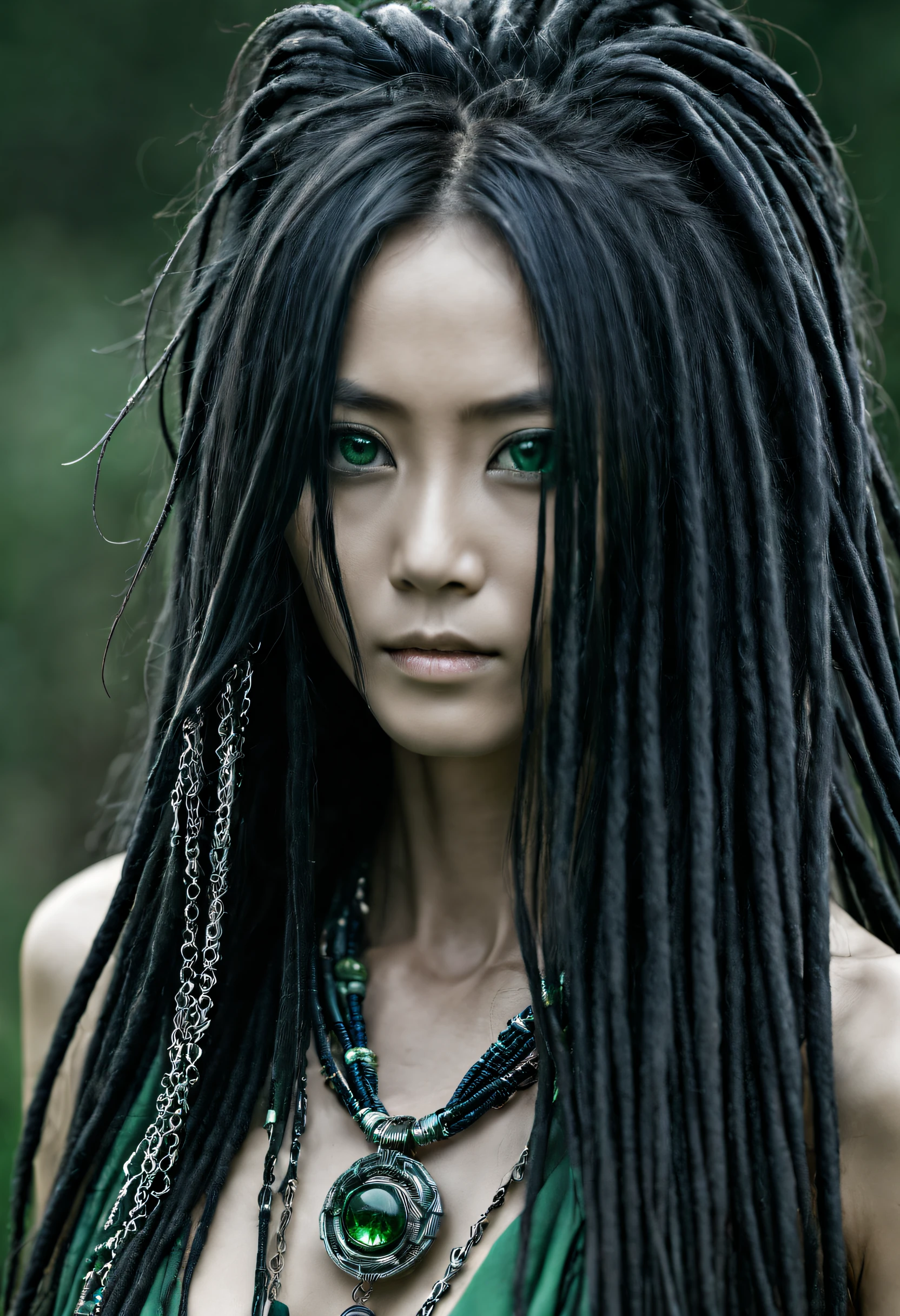 close up portrait photography, beautiful japanese female with very long black dreadlocks and loose hair, long beautiful slender elegant confident fine lined face, beautiful big dark green mixed with dark blue eyes, elegant fine thin silver face chains accessories, fantasy tribal glamour inspired