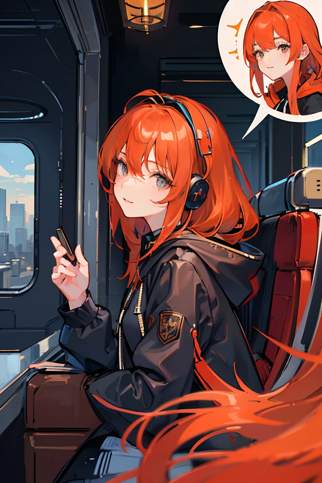 (masterpiece, sidelighting, ultra-detailed, finely detailed beautiful eyes: 1.2), 1girl, bag, building, from side, headphones, hood, hood down, hooded jacket, hoodie, jacket, long hair, orange hair, profile, red hair, solo, train, train interior, upper body, Masterpiece, best quality