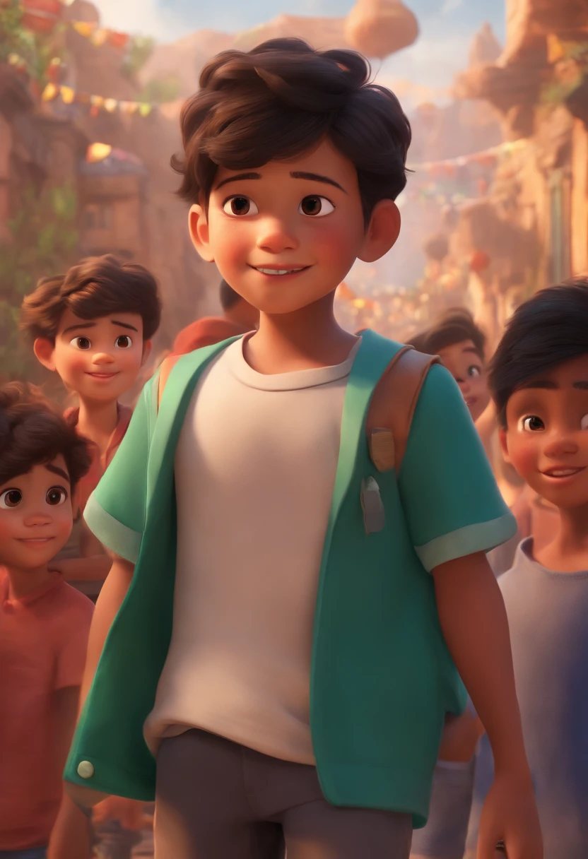 Image of a boy for a story in a YouTube video in Pixar format, He's the little allabester, He's the class leader, He's outgoing, ele parece um chines, ele tem pele morena, Playful and gets up for a lot of things
