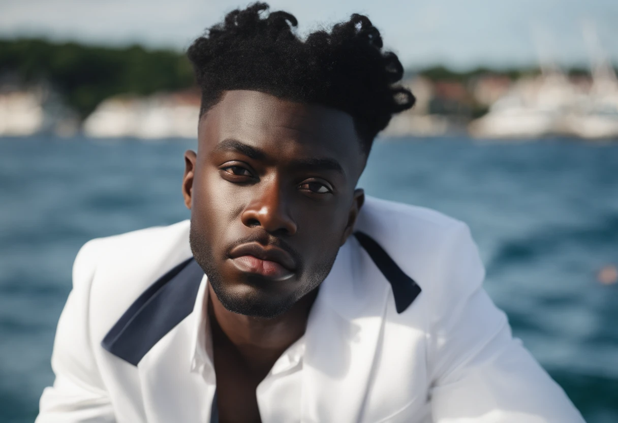 The image shows a black man with a crown on his head. He's wearing a white shirt and a black blazer. He is looking directly into the camera with a confident and powerful expression