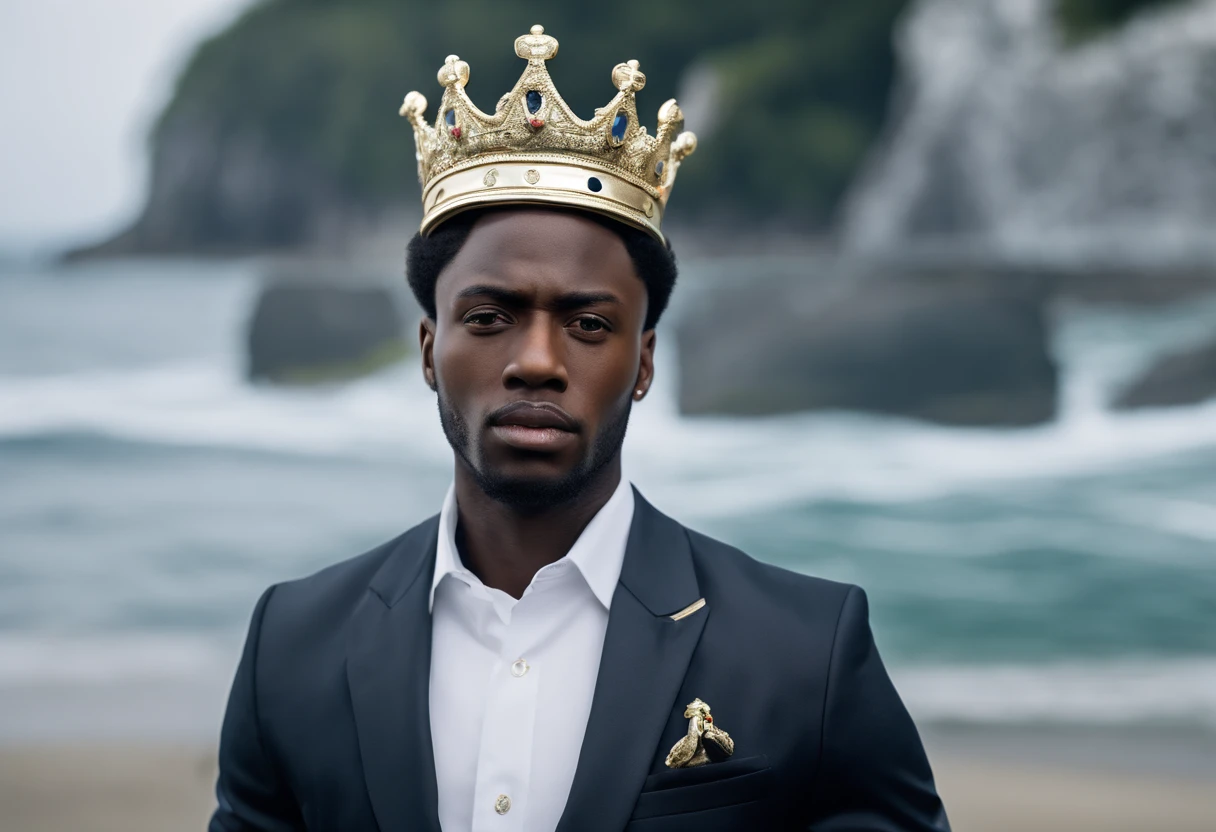 The image shows a black man with a crown on his head. He's wearing a white shirt and a black blazer. He is looking directly into the camera with a confident and powerful expression