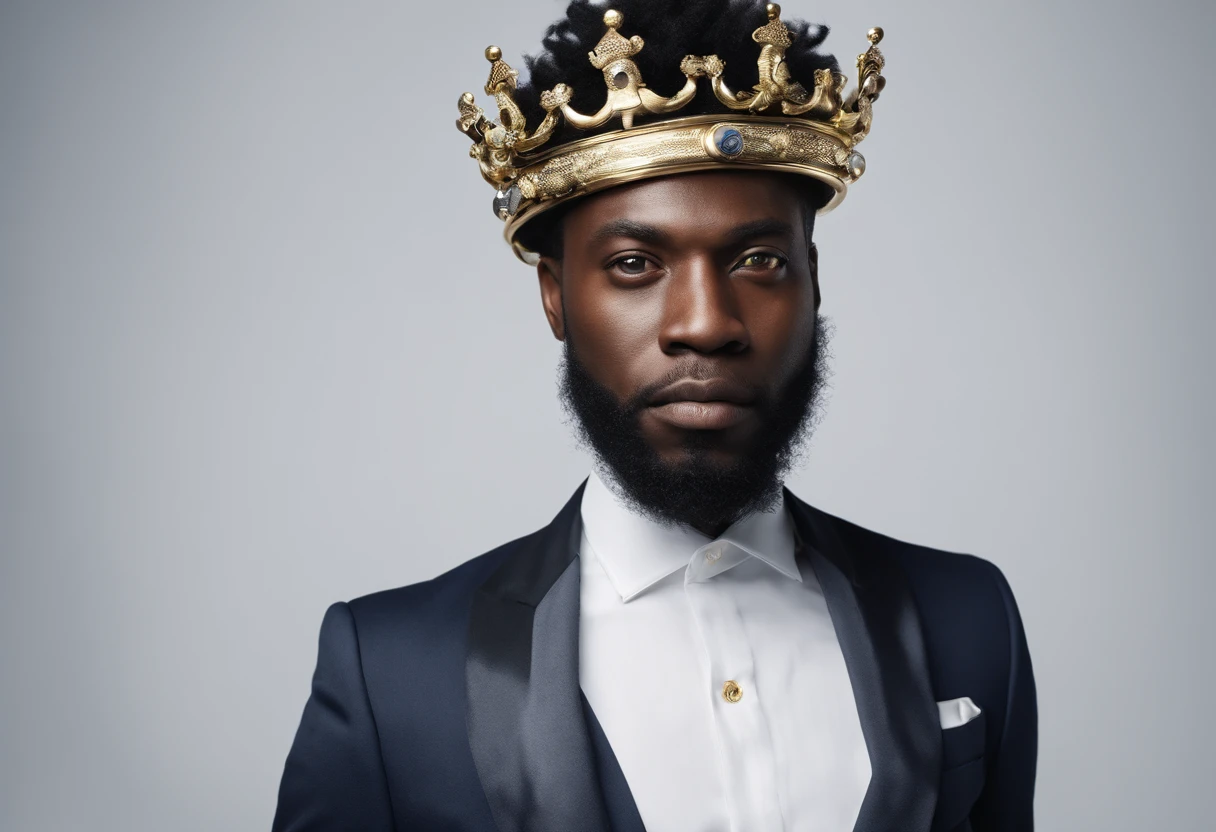 The image shows a black man with a crown on his head. He's wearing a white shirt and a black blazer. He is looking directly into the camera with a confident and powerful expression