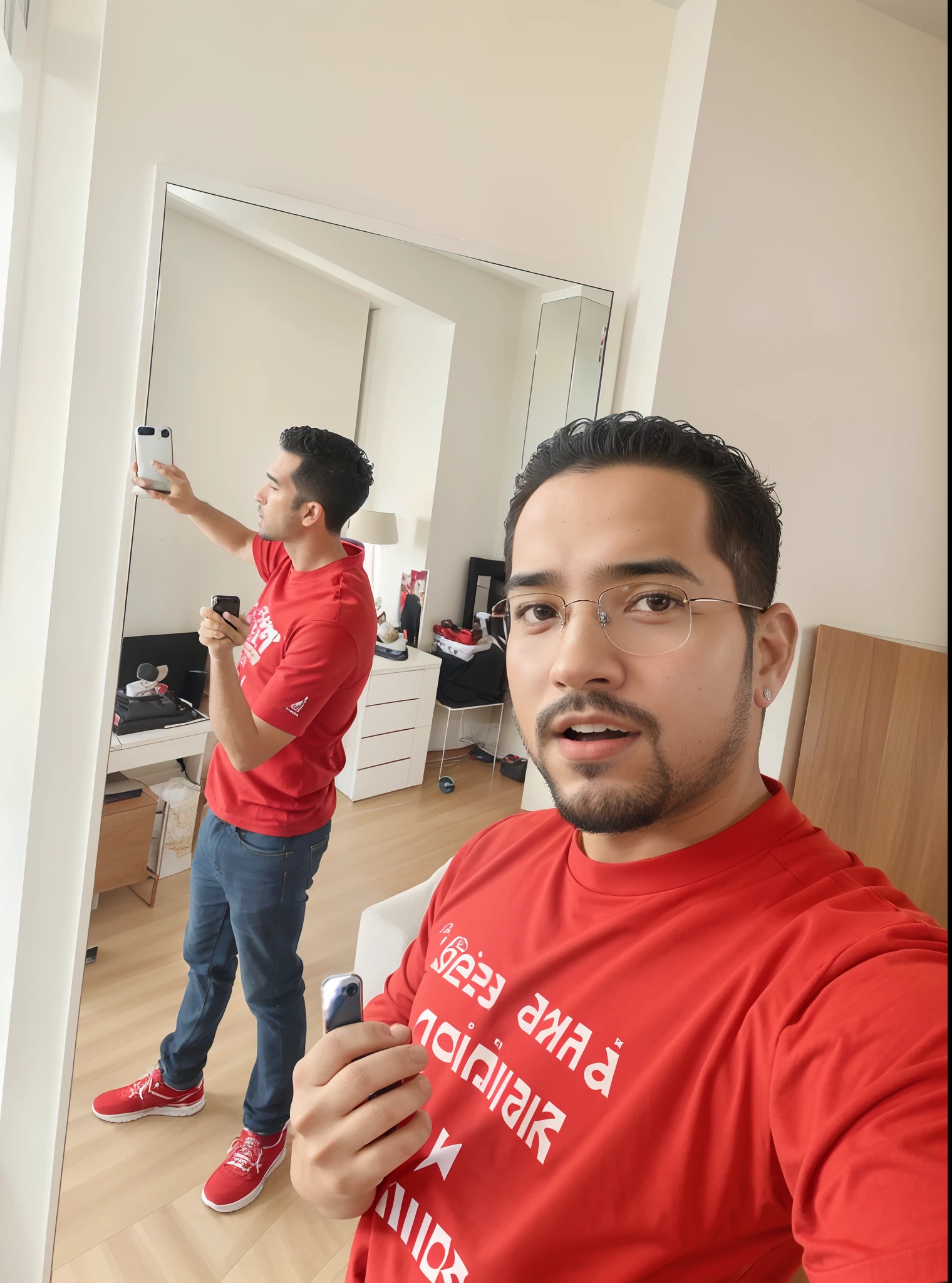 there is a man in a red shirt taking a selfie, 8k selfie photograph, Henry Alvim Correa, foto realista, São Paulo, david rios ferreira, iphone selfie, in sao paulo, mirror selfie, selfie of a man, inspired by Antônio Parreiras, by Felipe Seade, andreas, edu souza