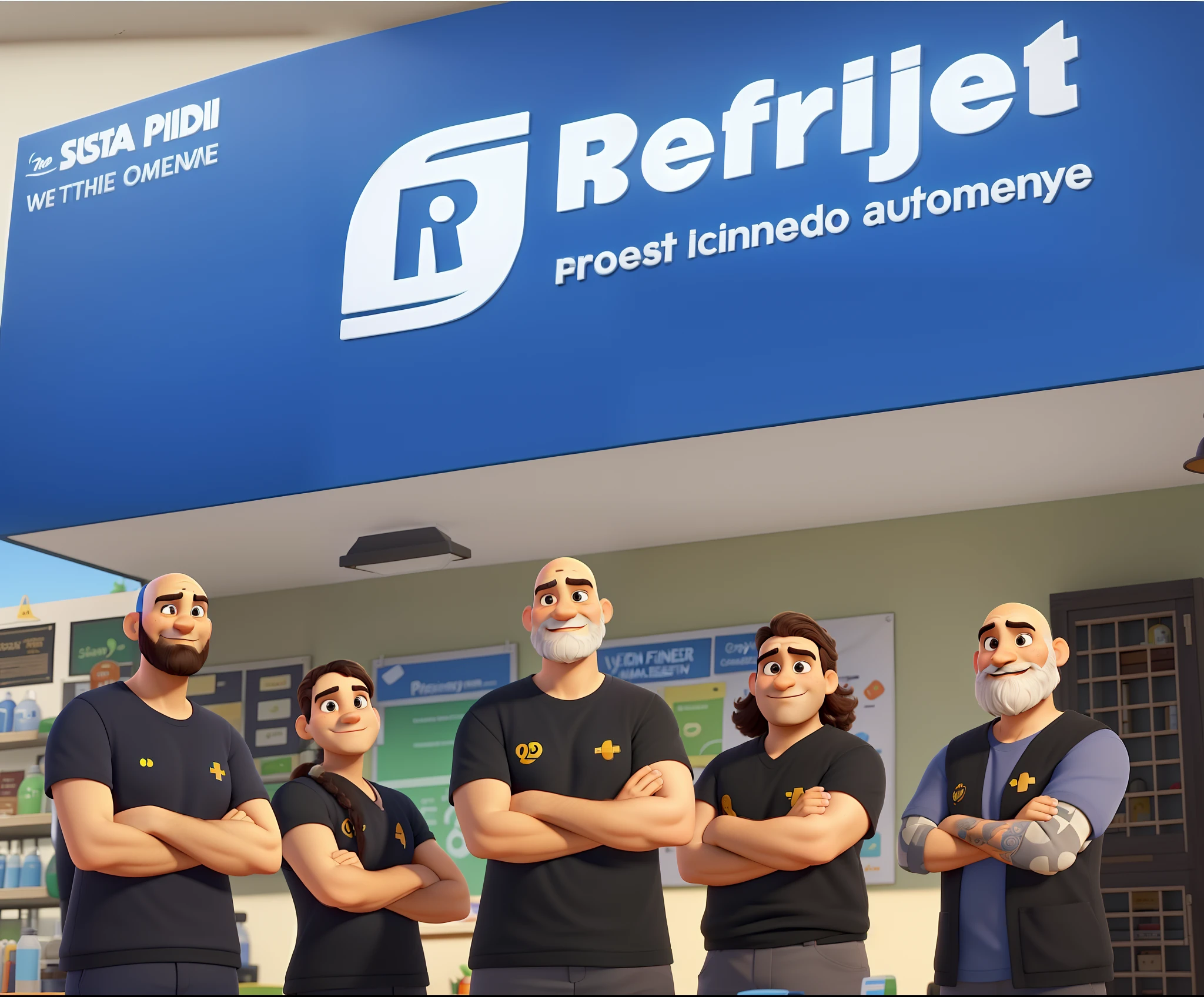 Um 5 pessoas de uma empresa na frente da loja, The Last Person Bald and White-Bearded, estilo disney pixar, alta qualidade, melhor qualidade