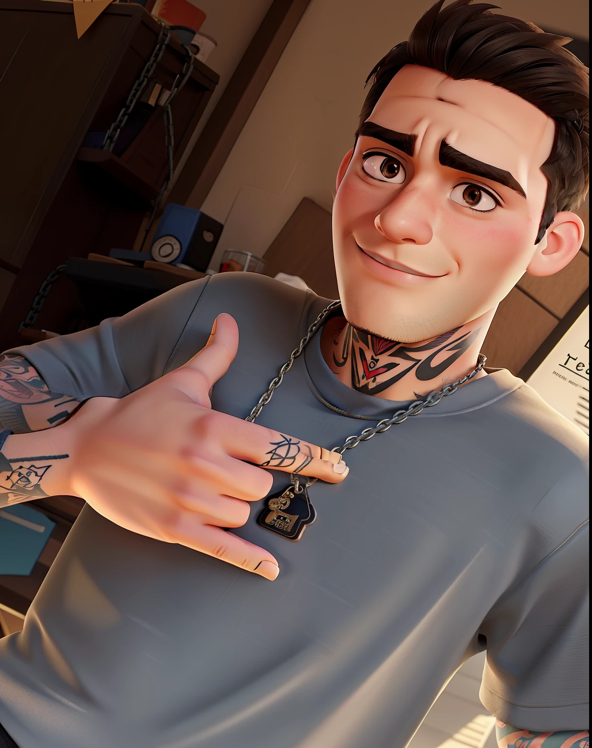 A 22-year-old man with a tattoo on his neck, a chain with thick eyebrows and big hair.