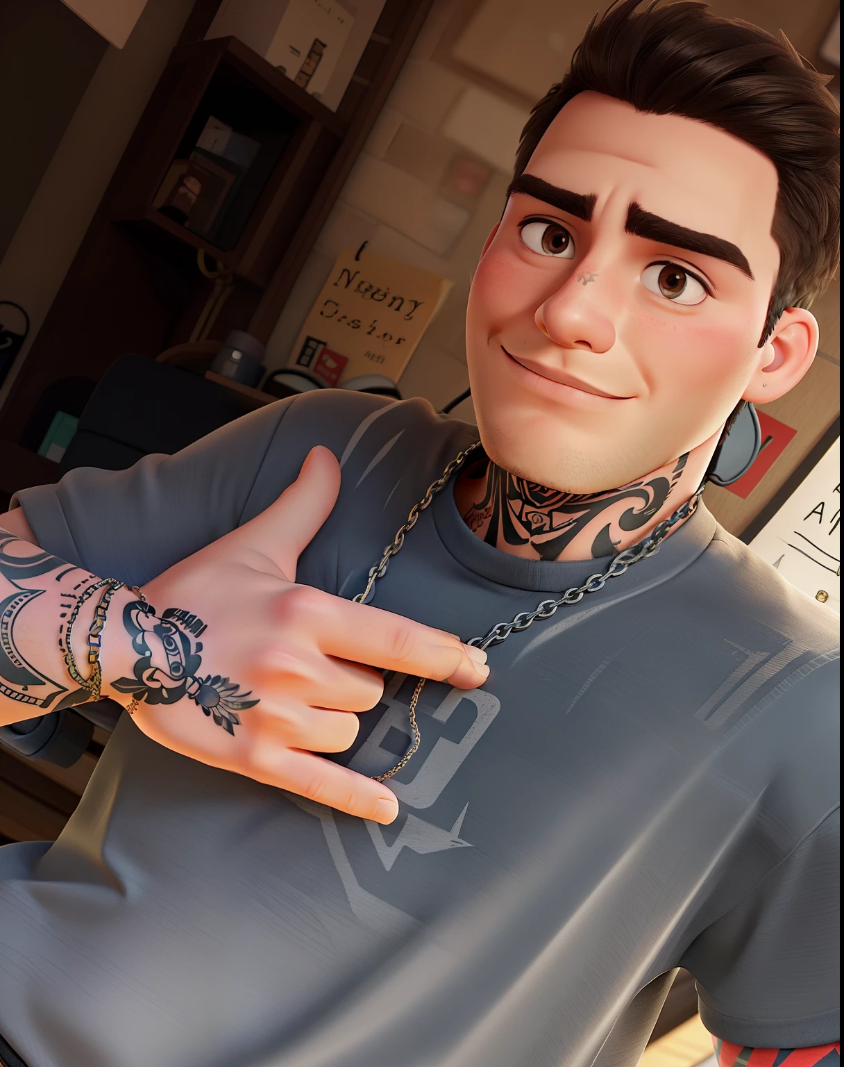 A 22-year-old man with a tattoo on his neck, a chain with thick eyebrows and big hair.