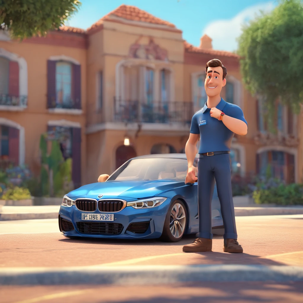 40 year old man side-style brown hair with miniature small topknot with big nose brown eyes Water sales manager with his navy blue polo shirt leaning against his car bmw 320 blue year 2021 on the side of the road in Disney' pixar format