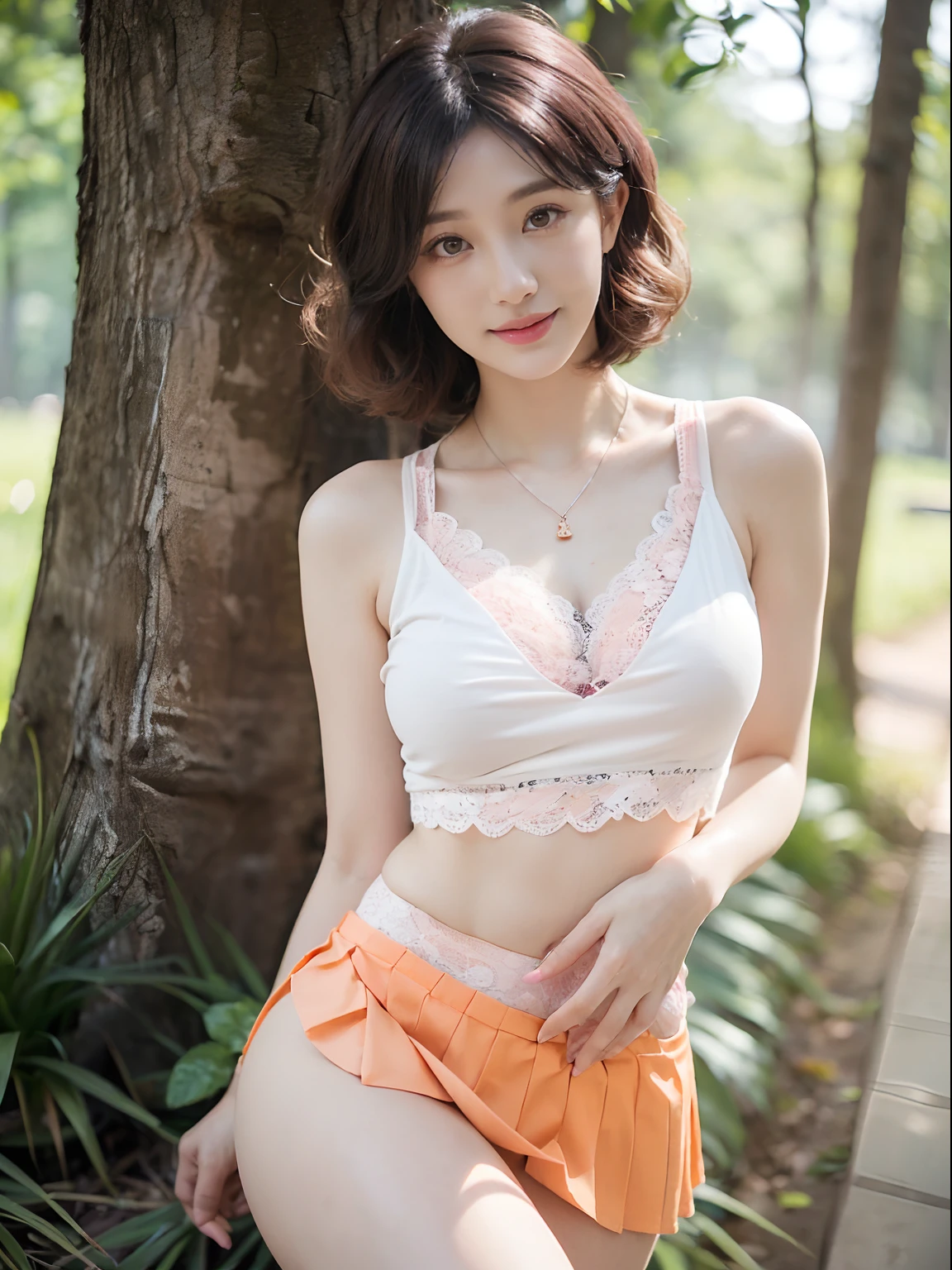 ((((top-quality))))、(((Ultra Precision CG16K Wallpapers)))、(((​masterpiece)))、(((ultra-detailliert)))、(((Ultra-extreme details)))、One woman、a matural female、a 25yo woman、((Japanese face))、((extremely beautiful face))、((sasaki nozomi:1.8))、((bob cuts、curly hair:1.2))、(shinny hair)、Bangs up to the eyebrows、Beautiful brown hair、Beautiful delicate eyes、Brown eyes、lofty nose、small nostrils、seductive lips、slightly open mouth、Beautiful breasts、C-cup size breasts、cleavage of the breast、Plump body、perfectly proportions、perfect anatomia、Beautiful and detailed shading、Beautiful natural lighting、Beautiful detail glow、depth of fields、(((a high chroma)))、((realisitic:1.9))、((Vivid：1.4))、((Beautiful skin))、((Skin texture))、((Realistic skin feeling))、perfect-composition、((cowboy  shot、thigh))、((Angle of view seen from the front))、((a smile:1.2))、(Staring eyes)、Bright sunshine、((in woods:1.2))、(Background blur)、((Orange Lace Tank Top:1.5))、((White pleated mini skirt、Pink Lace Bikini Panties:1.5))、(a necklace)、((NSFW、lifted skirt:1.5))、
