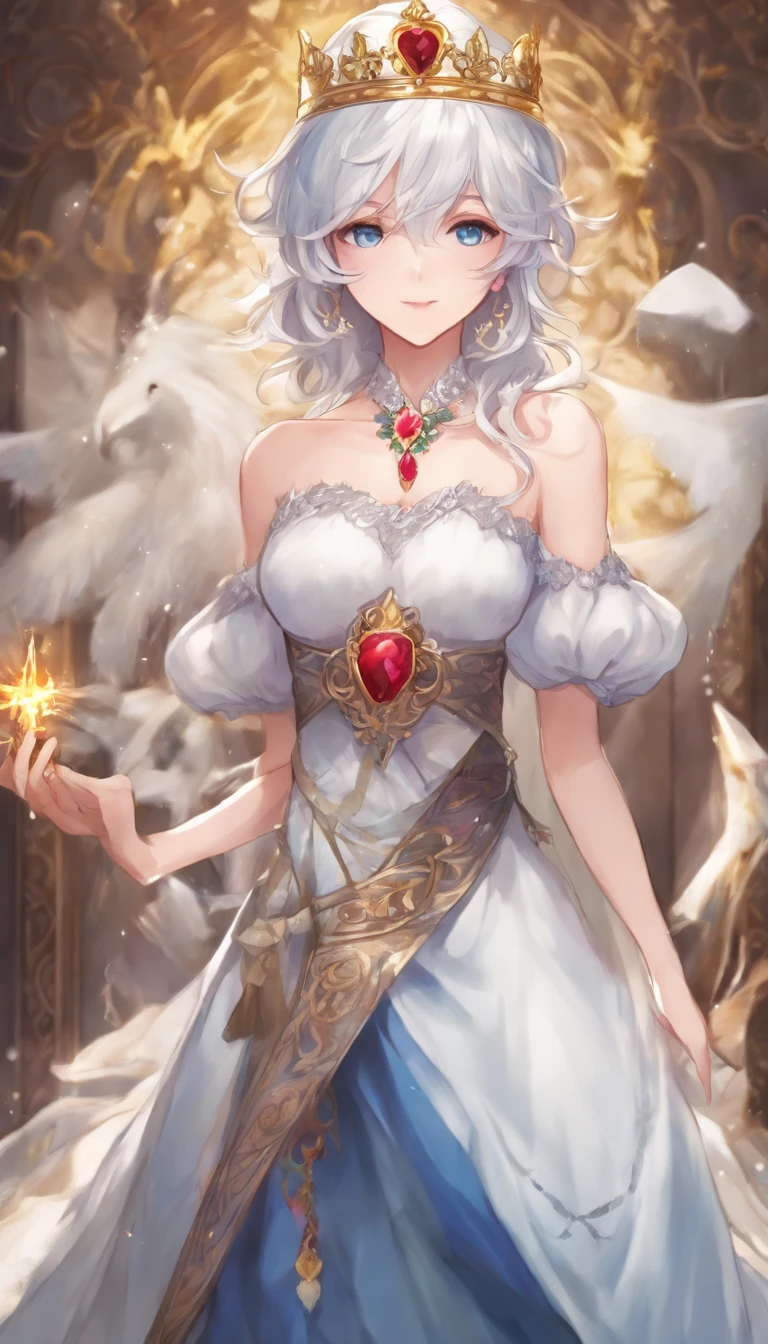 solo, 1girl, (masterpiece), ((20 year old appearance)), adult white hair, short hair, white eyes, anime girl, small Golden crown with a ruby in the middle, Blue dress, Throne of ice