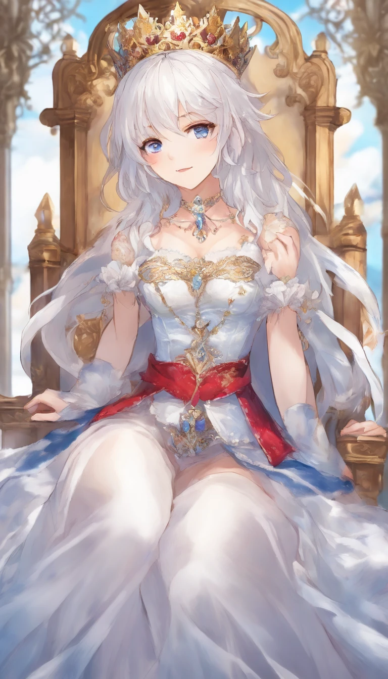 solo, 1girl, (masterpiece), ((20 year old appearance)), adult white hair, short hair, white eyes, anime girl, small Golden crown with a ruby ​​in the middle, Blue dress, Throne of ice