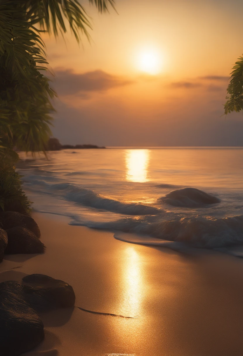 landscape, Summer, Sunset, Okinawa, Sea, unmanned, Beach, nobody, Hot weather, Sunset, HD Detail, Ultra Detail, movie, Hyper-Realism, Soft light, Deep focus bokeh, Ray tracing, Art Station Pixiv Gees, By Shinkai Makoto, Show off your Art Germ pants