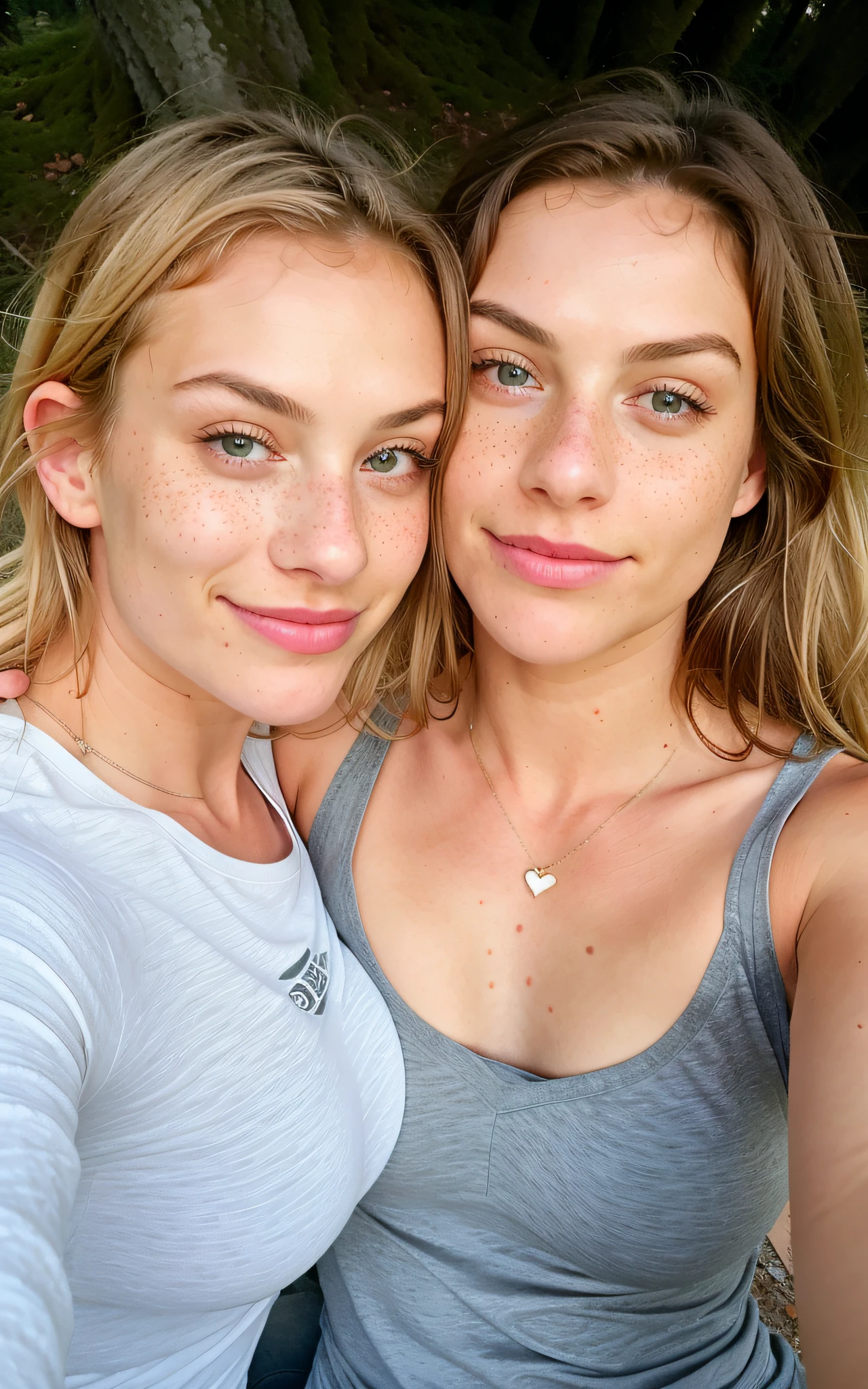 2 cute 19 year old women cuddling ((Upper body selfie, happy)), Meisterwerk, blond hair, freckles, best quality, ultradetailliert, Nacht, klarer Sternenhimmel, Natur, Skinny Sport Top, Wald, Feuer, Rauch, Kontrast, perfekte Haut, warmer Farbton, warmer Ton: 1,3, ultra-high resolution, bester Schatten, RAW, Upper body touching each other, 2 girls, cuddling, cozy