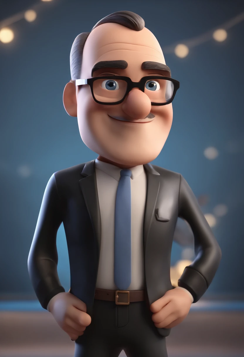 Cartoon character of a man wearing black glasses and a blue shirt, um personagem animado, Caractere estilizado, animation style rendering, 3D estilizado, Arnold Maya render, 3 d render stylized, toon render keyshot, Personagem 3D, Personagem 3D, 3d rendering stylized, 3 d character render, personagem de desenho animado, Personagem de close up, Pose de personagem, (Estilo Pixar) (master part:1.2) (Bokeh) (best quality) (pele detalhada) (textura detalhada) (8k) (argila) (Cinematic lighting) (foco nítido，Senta e vaza a parte superior do corpo