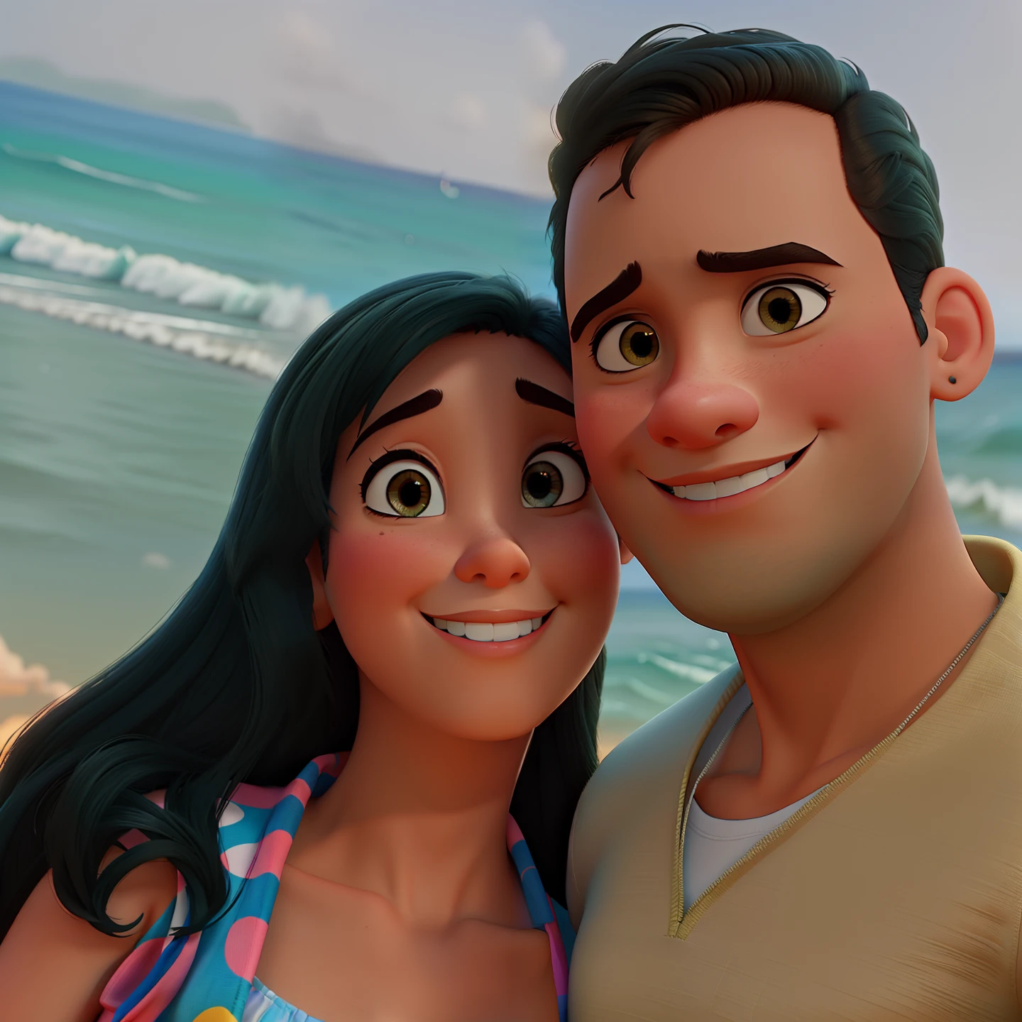 poster no estilo disney pixar, um casal na praia juntos, estilo disney pixar, alta qualidade, melhor qualidade