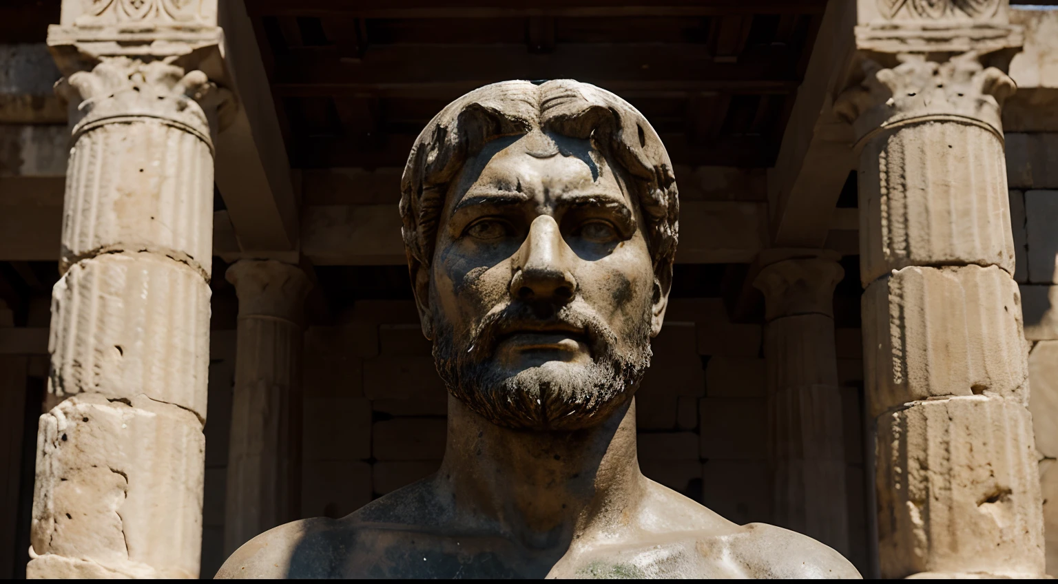 Ancient Stoic Statue With Very Angry Expression, tem barba, muitos detalhes em ambos os olhos, Outside, fundo atenas grego, open sky, com rosto extremamente detalhado full body view, Colors with low saturation with dark tone, Filmado em Sony A7S III com Sony FE 35mm f/1.8, 12.1 MP, --AR 3:2 --estilo cru