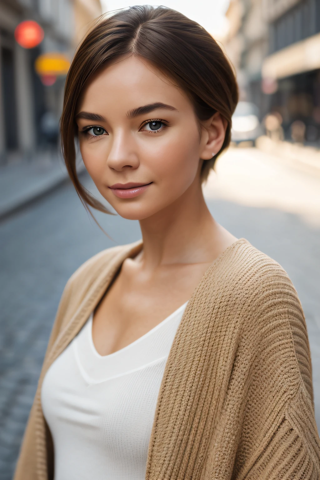 Photo of a European woman in her early 30s, raw, Beautiful woman, (brown haired),　Shorthair like Shirley MacLaine　Brown eyes　((Portrait)), ((Detailed face:1.2)), ((detailed facial features)), (finely detailed skin), pale skin, , (cold color), moist, moist, Reflectors, (masutepiece) (perfectly proportions)(photos realistic)(Best Quality) (Detailed) photographed in a Canon EOS R5, 50mm Lens, F/2.8, nffsw, (8K) (foco nítido) 　clothed、(Photo Real:1.4)、(hyper realisitic:1.4)、(realisitic:1.3)、 (Smoother lighting:1.05)、(Improved lighting quality in movies:0.9)、32K、 girl with、Realistic lighting、back lighting、Facial light、raytrace、(Brightening light:1.2)、(Increase quality:1.4)、 (Top quality real texture skins)、finely eye、finerly detailed face、glowy skin　Chaste clothes　Streets of Germany