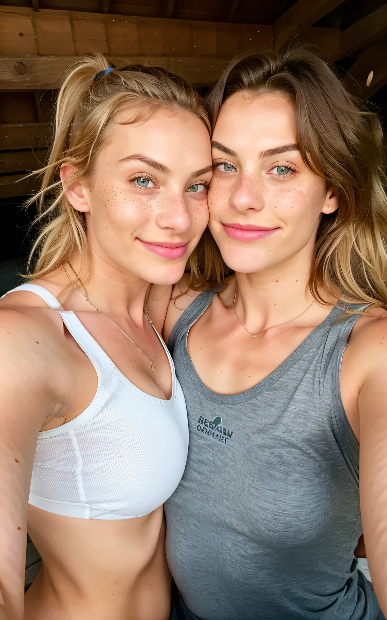 2 cute 19 year old women cuddling ((Upper body selfie, happy)), Meisterwerk, blond hair, freckles, best quality, ultradetailliert, Nacht, klarer Sternenhimmel, Natur, Pullover, Wald, Feuer, Rauch, Kontrast, perfekte Haut, warmer Farbton, warmer Ton: 1,3, ultra-high resolution, bester Schatten, RAW, Upper body touching each other, 2 girls, cuddling, cozy