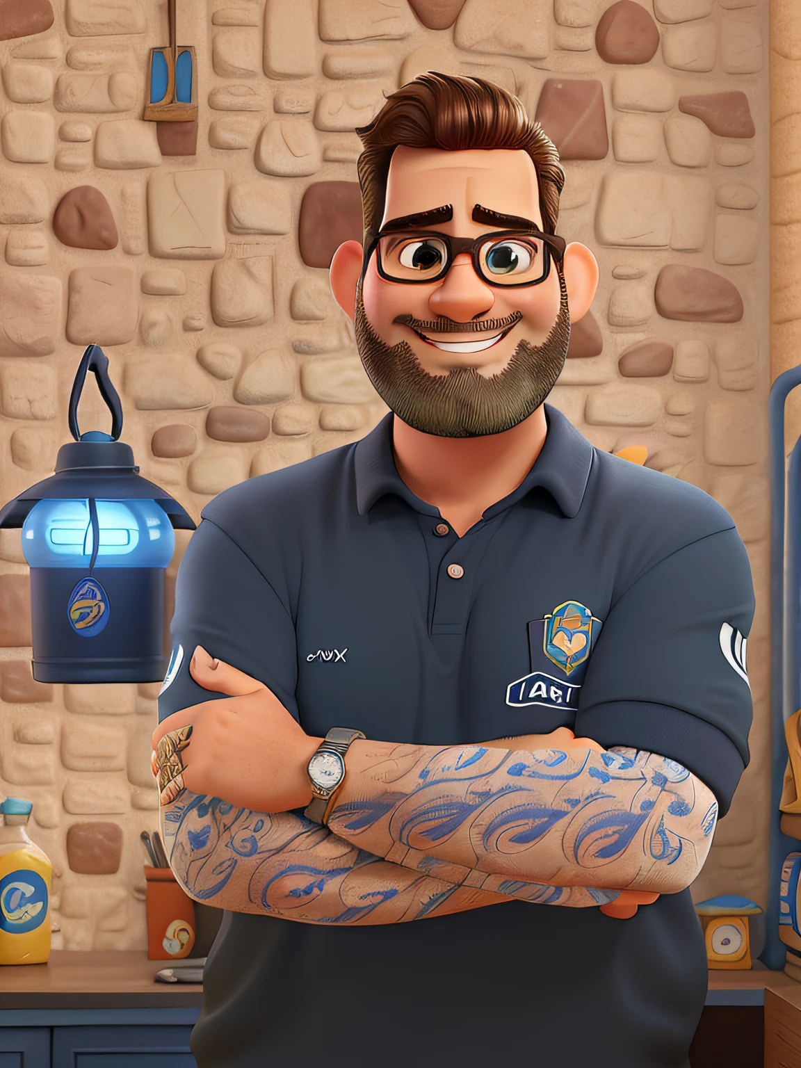 Poster no estilo Disney pixar, alta qualidade, melhor qualidade, homem sexy branco, 40 anos cabelo grisalho barba grisalha, musculoso, com fundo em um clube de tiro