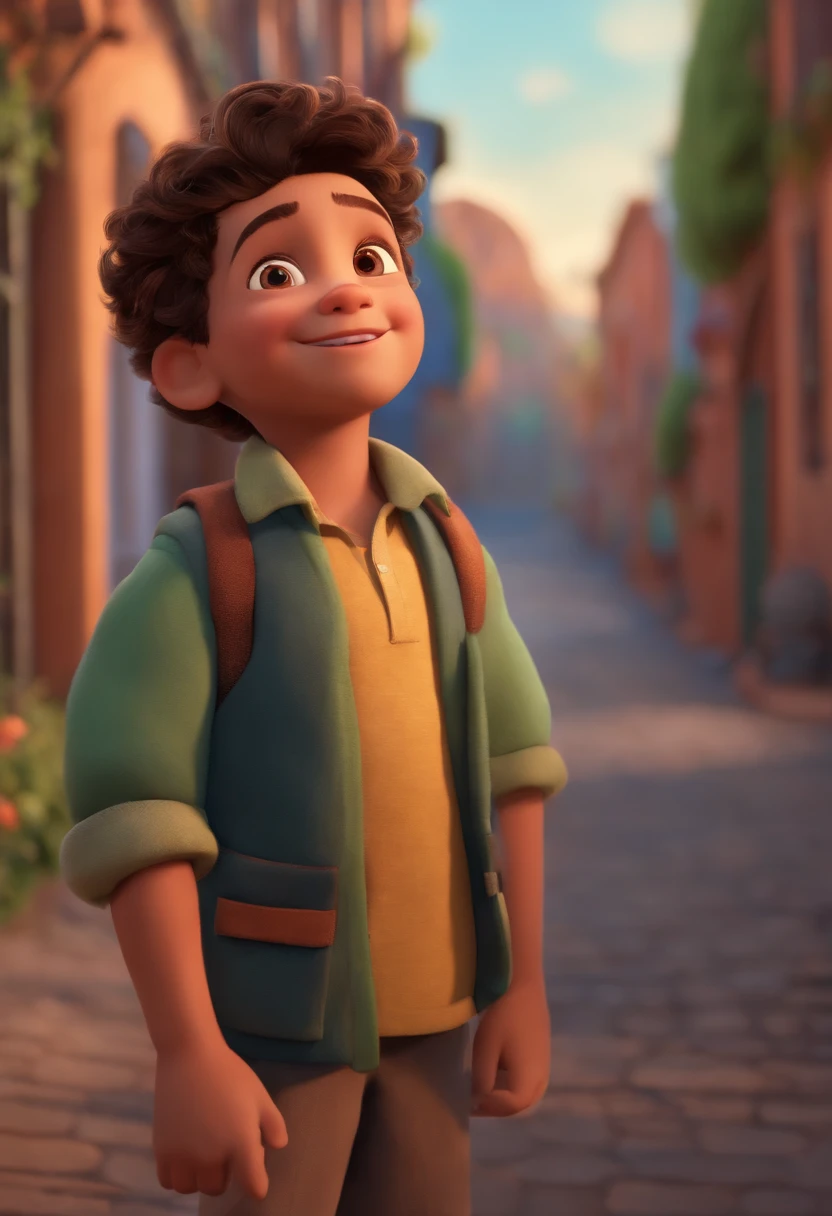 Image of a boy for a story in a YouTube video in Pixar format, He's the  allabester, He's the class leader, He's outgoing, Playful and gets up for a lot of things, cabelo curto