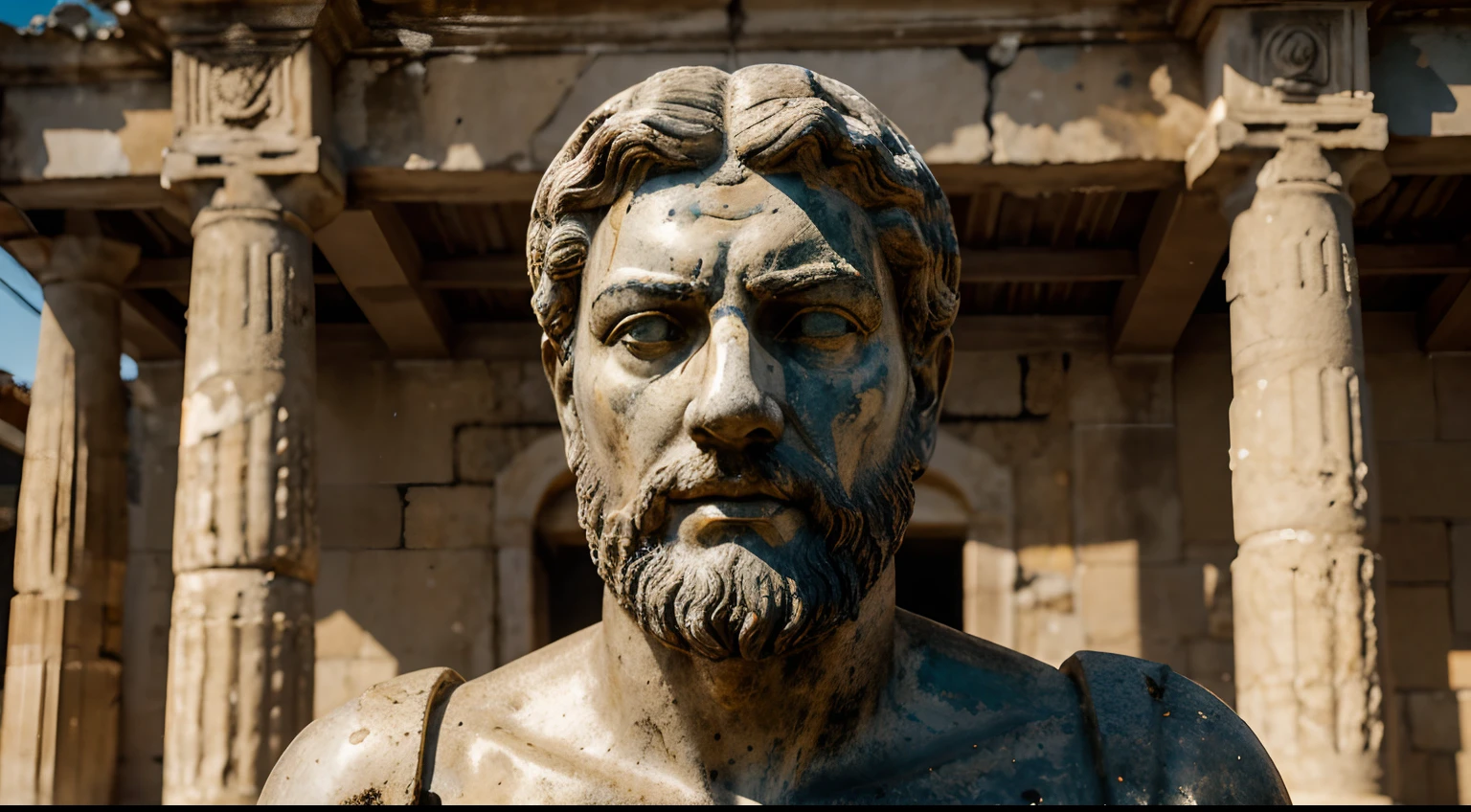 Ancient Stoic Statue With Very Angry Expression, tem barba, muitos detalhes em ambos os olhos, Outside, fundo atenas grego, open sky, com rosto extremamente detalhado full body view, Colors with low saturation with dark tone, Filmado em Sony A7S III com Sony FE 35mm f/1.8, 12.1 MP, --AR 3:2 --estilo cru