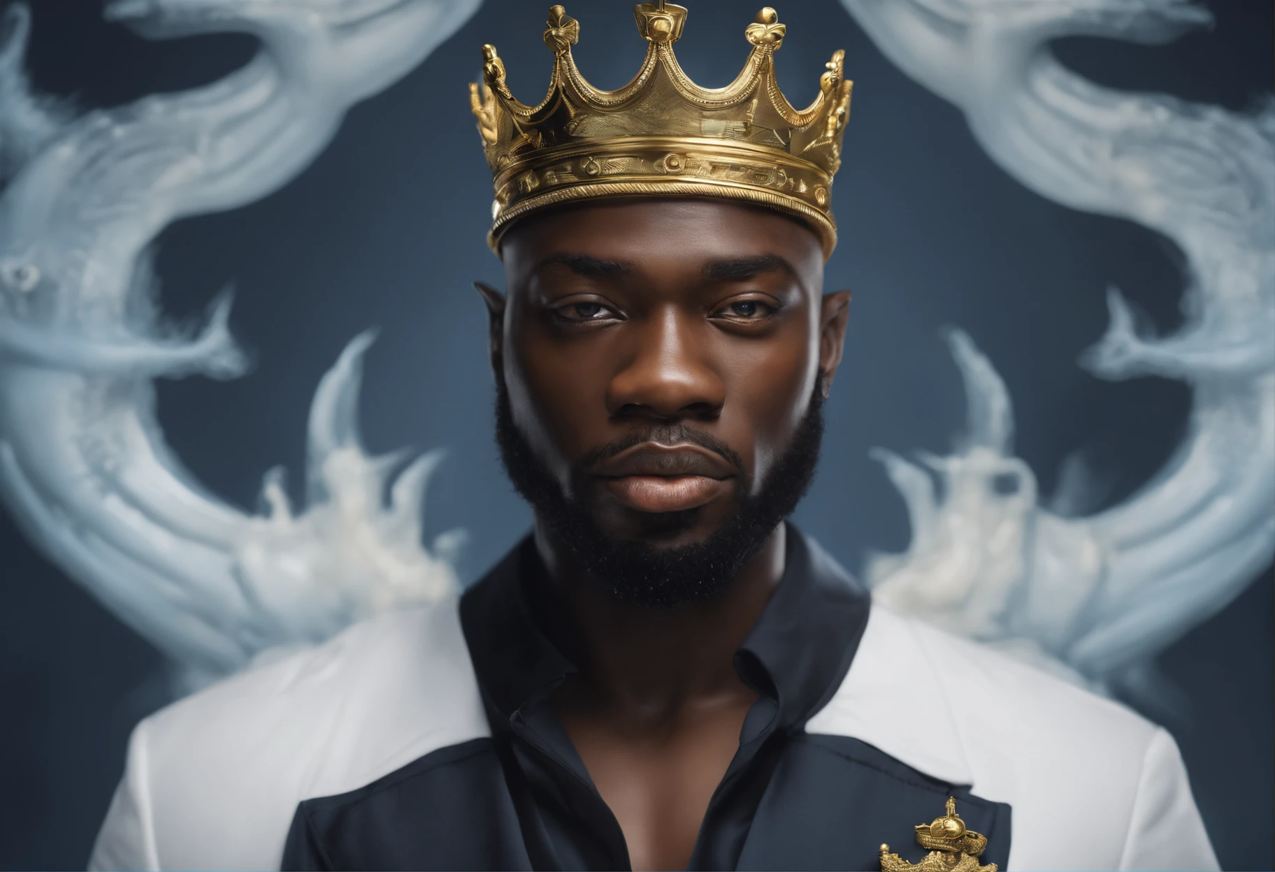 The image shows a black man with a crown on his head. He's wearing a white shirt and a black blazer. He is looking directly into the camera with a confident and powerful expression
