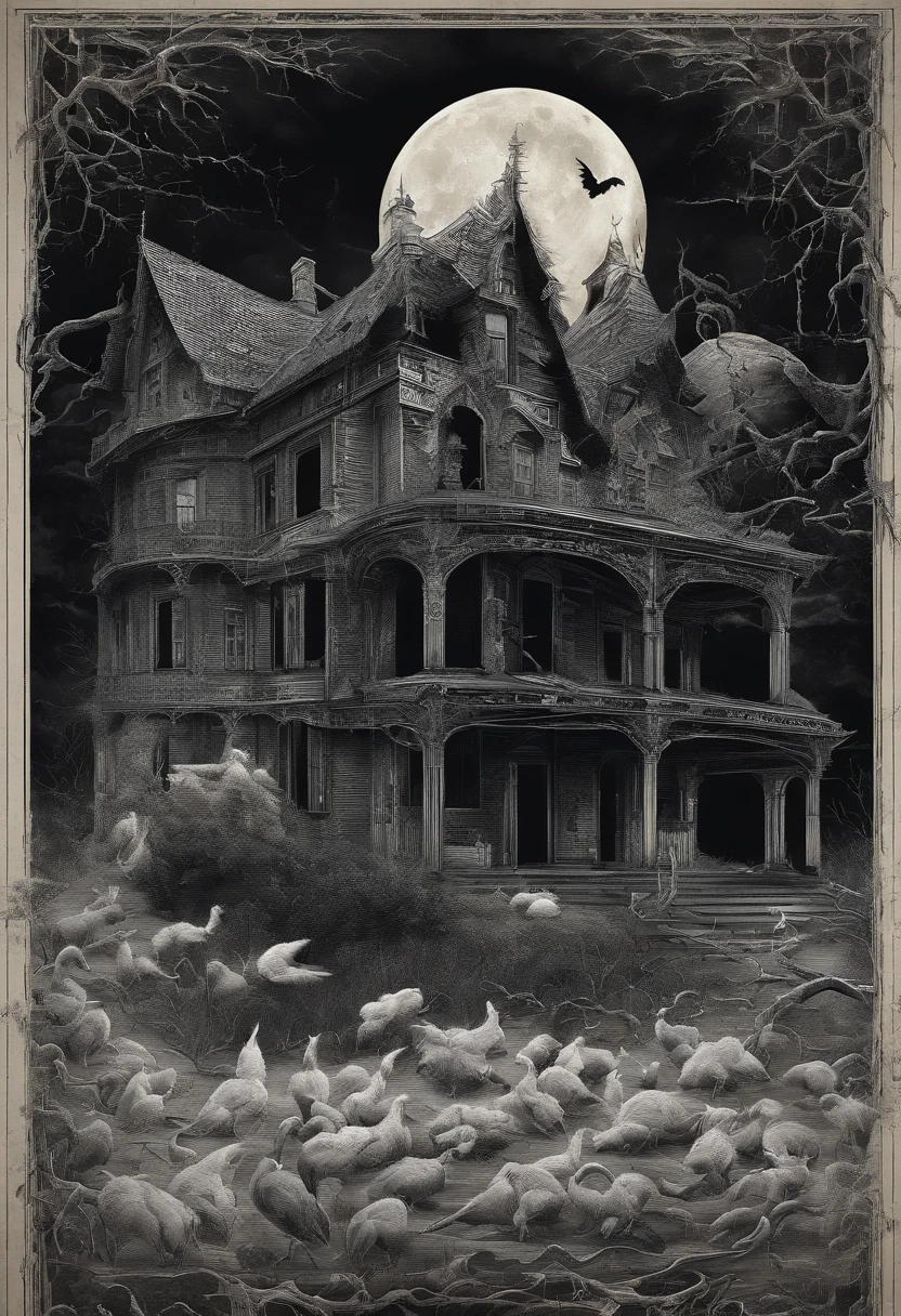 chicken poster，red tint，A huge moon illuminates the entire village，The village is full of snowflakes，A white fox demon with 9 tails spits out a night pearl，Towards the moon，In the lower right corner, There was a house where there were several faces peeking at the house