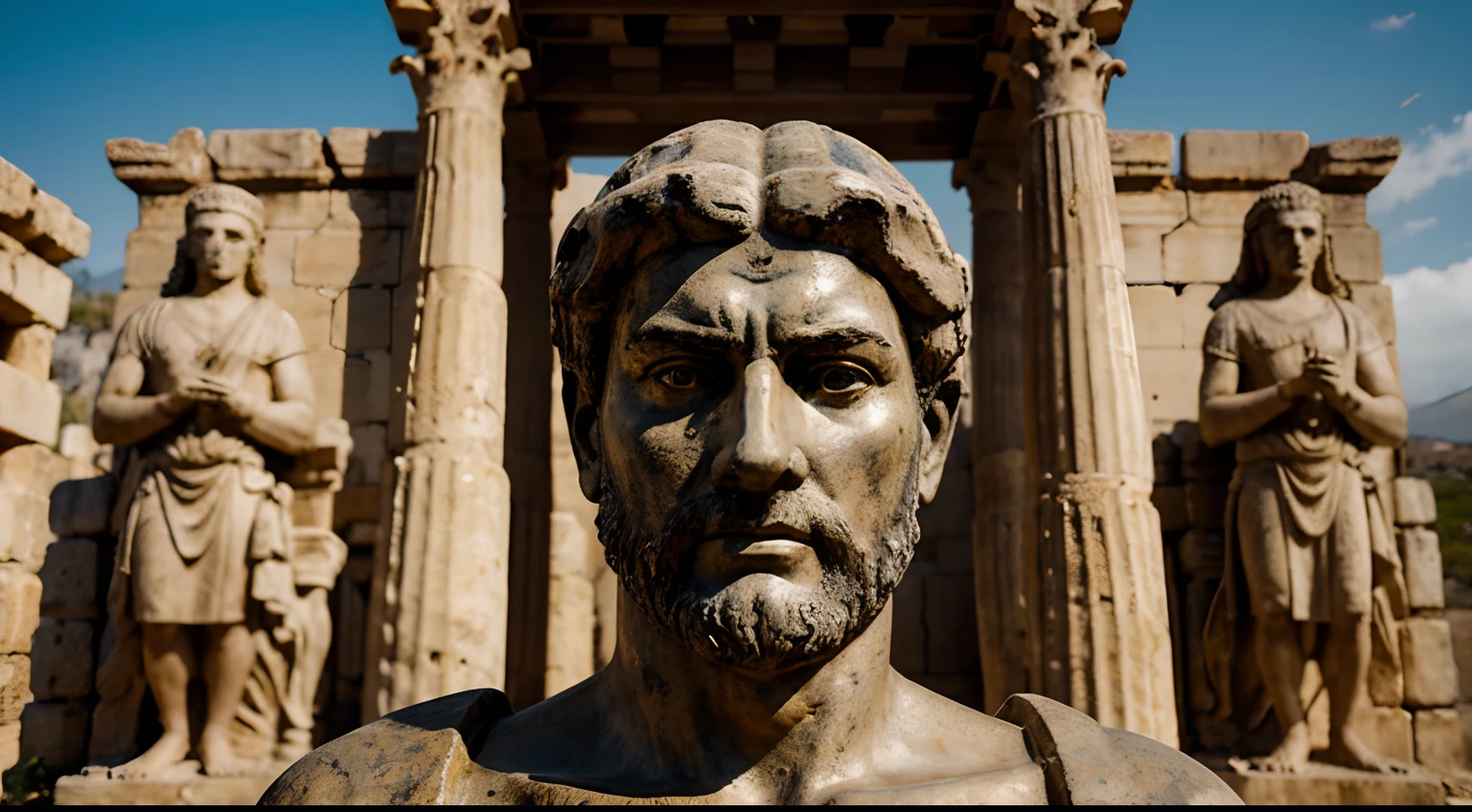 Ancient Stoic Statue With Very Angry Expression, tem barba, muitos detalhes em ambos os olhos, Outside, fundo atenas grego, open sky, com rosto extremamente detalhado full body view, Colors with low saturation with dark tone, Filmado em Sony A7S III com Sony FE 35mm f/1.8, 12.1 MP, --AR 3:2 --estilo cru