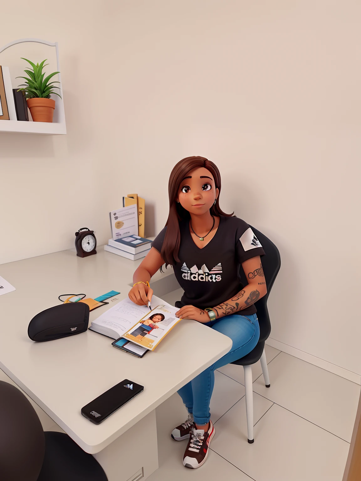 Uma mulher morena com tatoo no braco direito.  medium brown hair,  tenis da adidas , relogio smart , segurando uma balanca de pesar