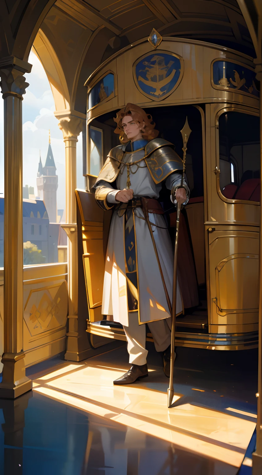 (tmasterpiece,A highly detailed,8K),(A man in medieval armor,Yellow curly hair,Handsome men),Standing in the carriage,Gorgeous carriages,Tall horses,The man was holding a cane in his right hand,(Castle background),rios,the Lion,Frontal photo,midday sunlight