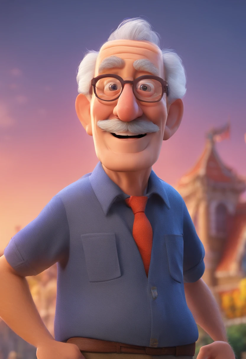 Pixarstyle A waist-high portrait of an elderly man with social clothes, smile, natural skin texture, 4K textures, HDR, intricate, highly detailed, sharp focus, cinematic look, hyper-detailed