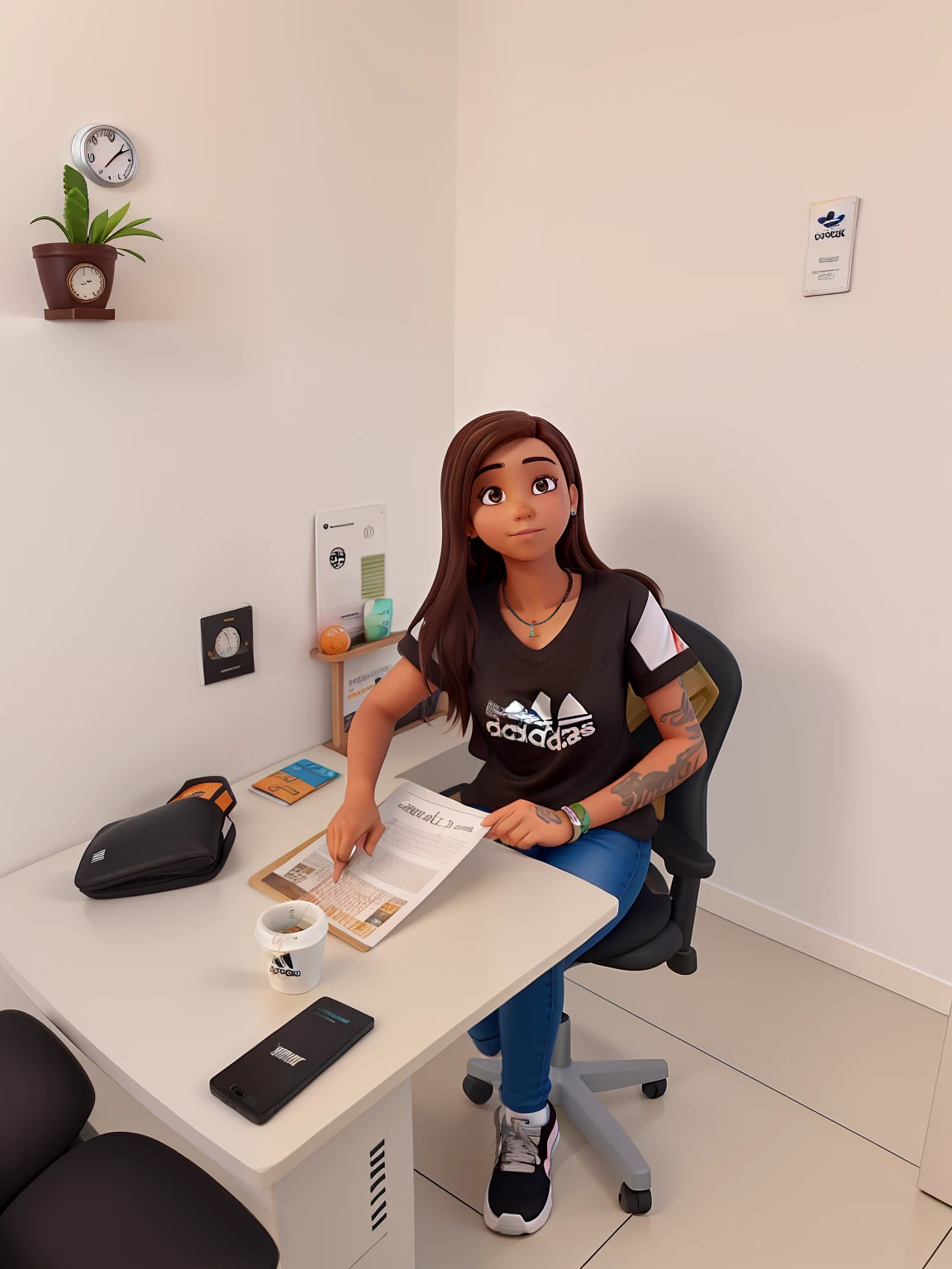 Uma mulher morena com tatoo no braco direito.  medium brown hair,  tenis da adidas , relogio smart , segurando uma balanca de pesar