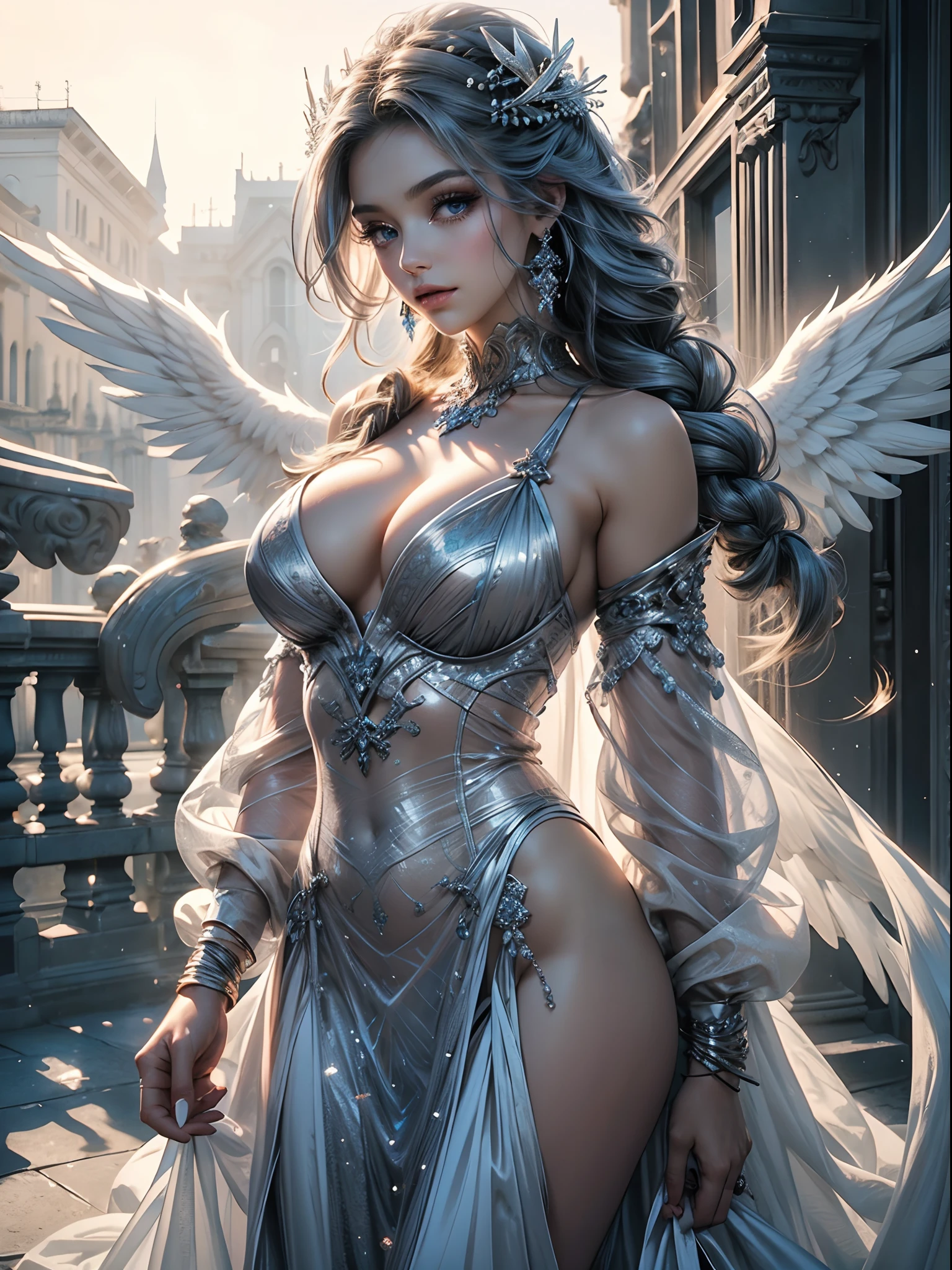 Goddess Girl in White Robe, The eyes are the most beautiful、Highly detailed blue, Hyper Perfect Face, Long gray hair that fell to the floor in braids, medium breasts, Curved fit body, With huge half-open angel wings, Translucent areola , Angelic, divine, celestial, A Light Reflecting the Divine, walking slowly, perfect reflections, Sharp and vivid colors, {extremely detailed 8k CG unit wallpaper}, Vast landscape photos, (View from below, Stick to characters and settings), (Wide Open Field View), (low  angle shot), (Highlight: 1.8), (low illuminance: 1.4), (Warm light source: 1.2), intricate-detail, ( Iridescent colors: 1.8), (Bright lighting), (Atmospheric lighting), Dreamy, divine, An majestic, epicd,Overall colorful,brightened,