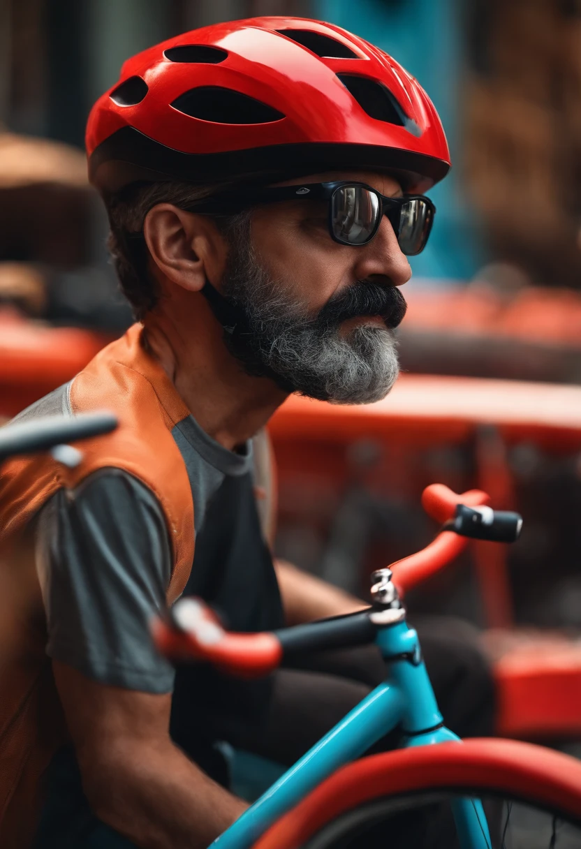 Pixar style image with 3D character black mirrored glasses 40 years old man, capacete vermelho de bicicleta, barba rasa, Disney,Pescador, bonitinho, sorridente ,Close-up, Pixar, Disney, Cinema lighting,