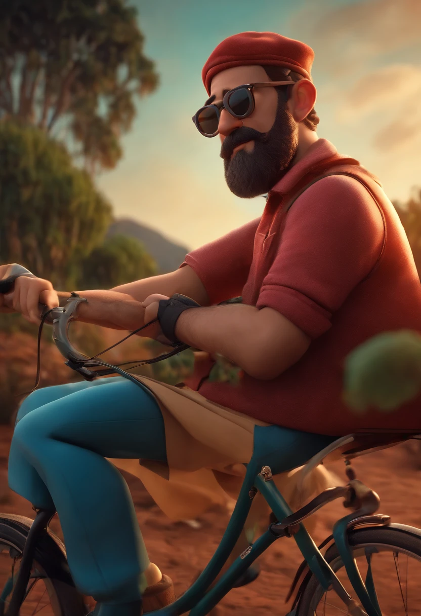 Pixar style image with 3D character black mirrored glasses 40 years old man, capacete vermelho de bicicleta, barba rasa, Disney,Pescador, bonitinho, sorridente ,Close-up, Pixar, Disney, Cinema lighting,