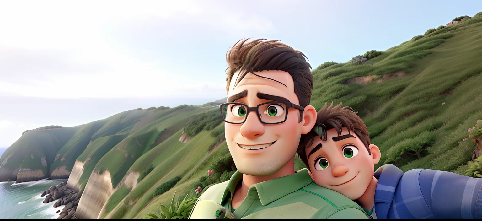 Image of Father and son on top of a cliff covered in green, na beira do mar.