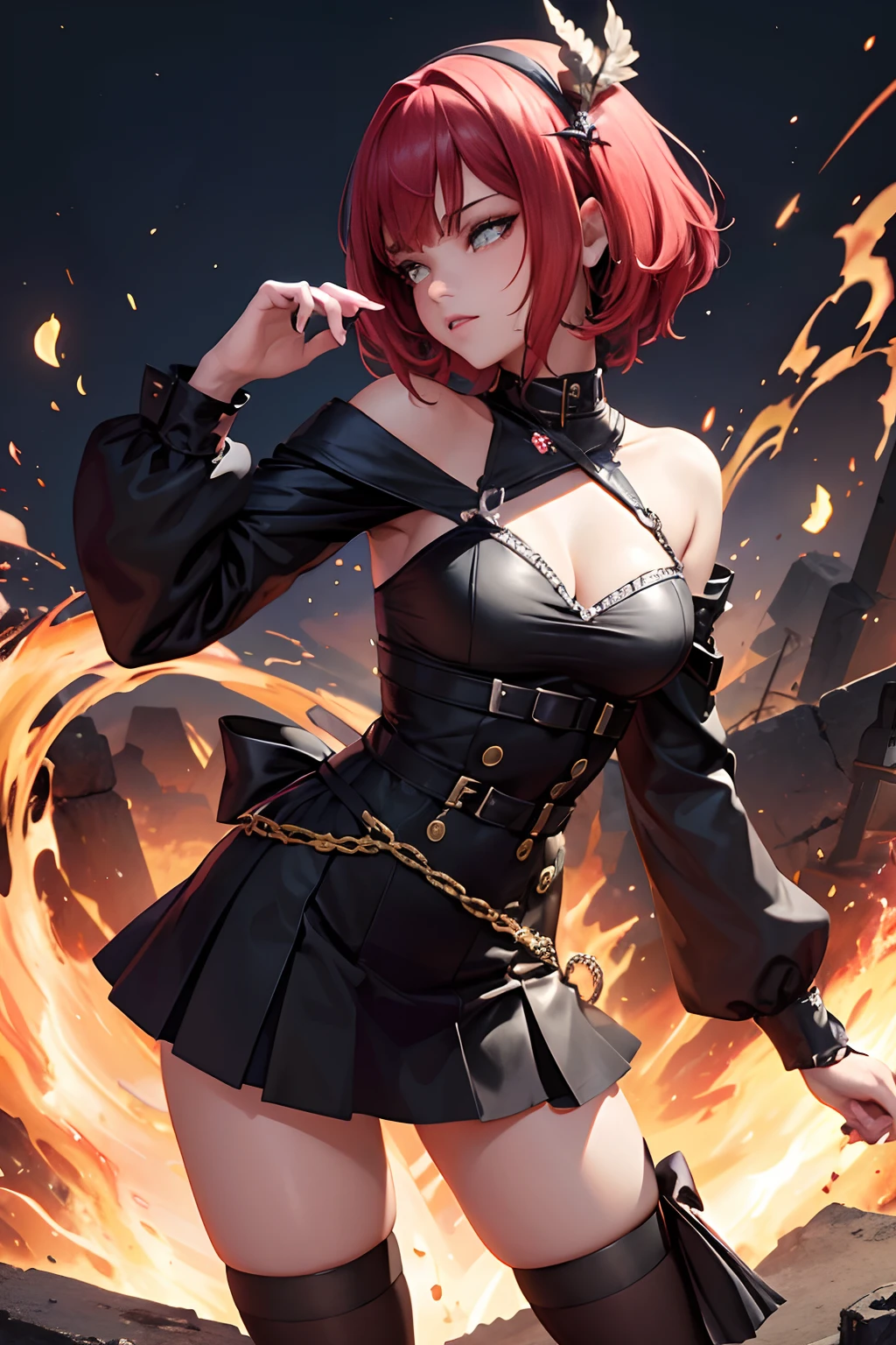 Rihanna ultra-détaillée se tient au sommet d’un tas de ruines en feu, Sa présence diabolique et insidieuse irradiant de sa couronne sombre et de sa robe de reine maléfique noire et rouge. Ses ailes de démon sur son dos et sa corne de démon lui donnent une aura invincible alors qu’elle déclenche une puissante vague de destruction d’un seul geste.