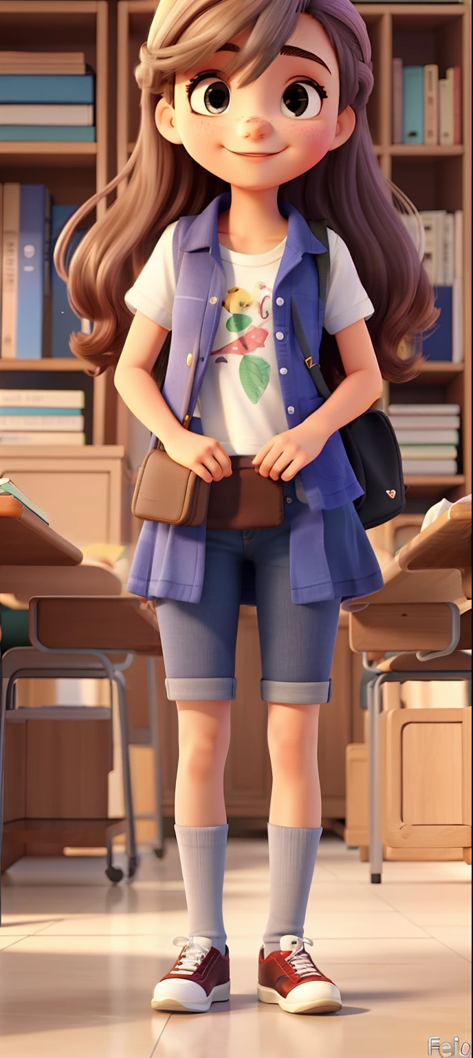 Uma menina de anos, cabelos pretos longos, feliz na escola
